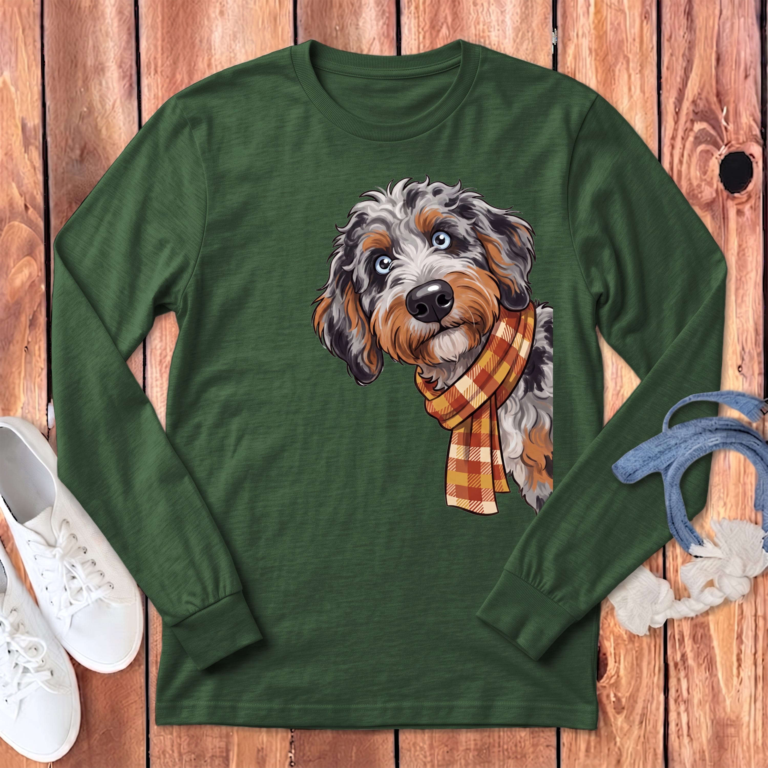 Fall Plaid Aussiedoodle Long Sleeve T-Shirt in Heather Forest / S by Puppy Jo