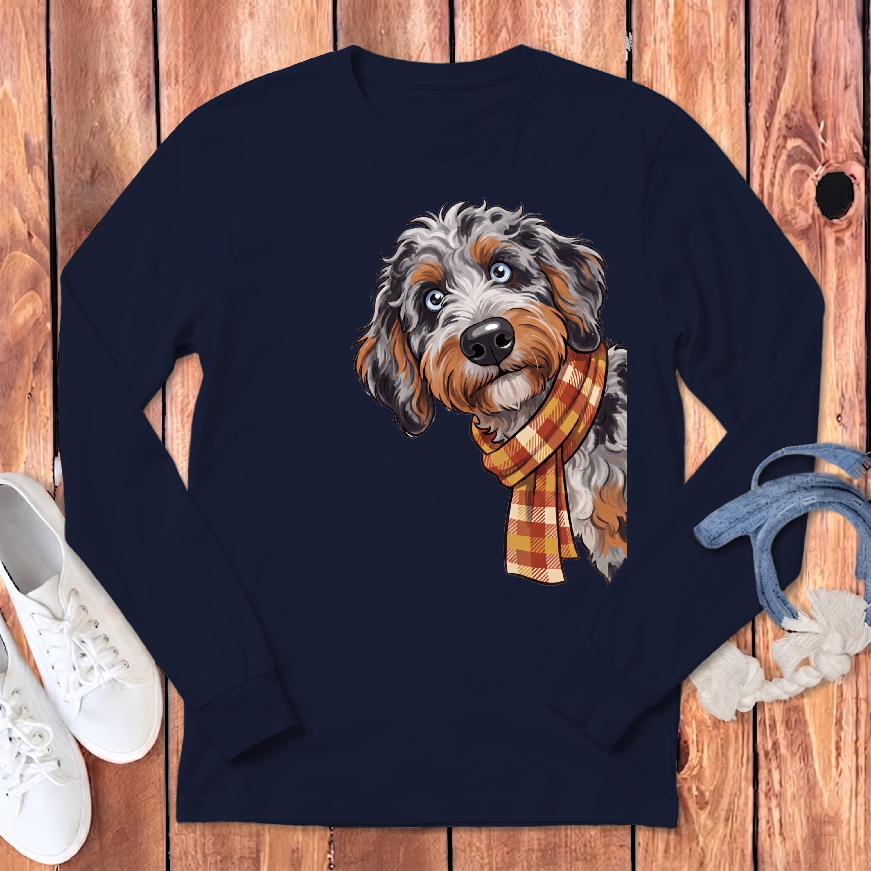 Fall Plaid Aussiedoodle Long Sleeve T-Shirt in Navy / S by Puppy Jo