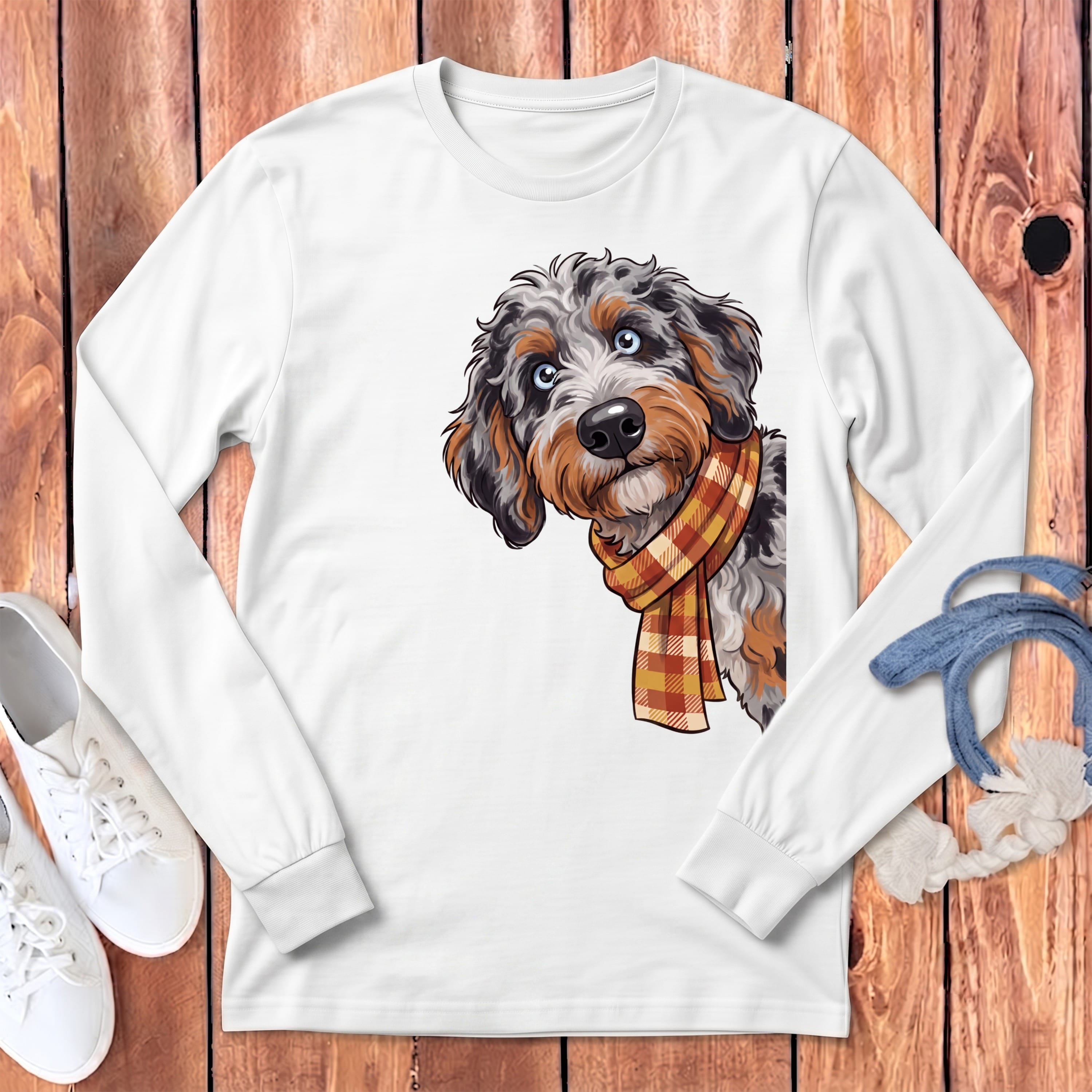 Fall Plaid Aussiedoodle Long Sleeve T-Shirt in White / S by Puppy Jo