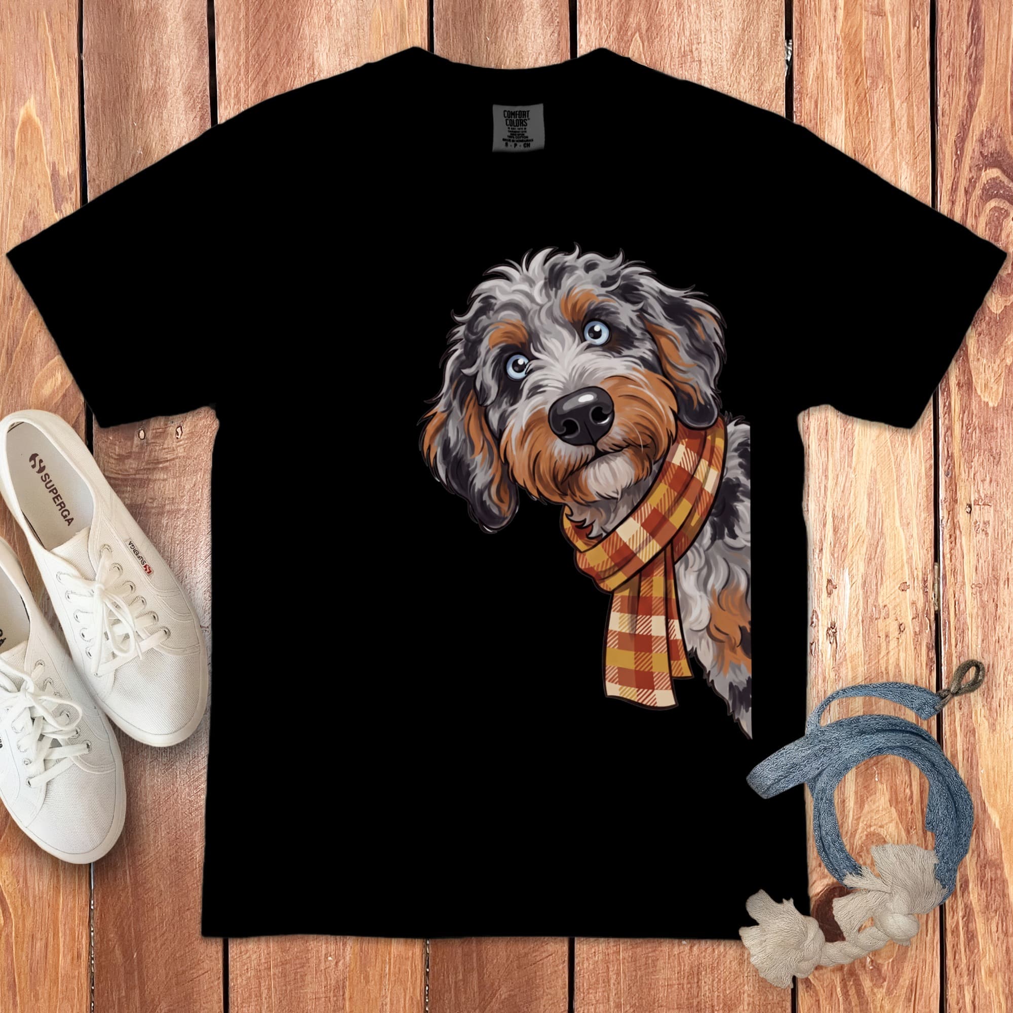 Fall Plaid Aussiedoodle Signature T-Shirt in Black / S / T-Shirts by Puppy Jo