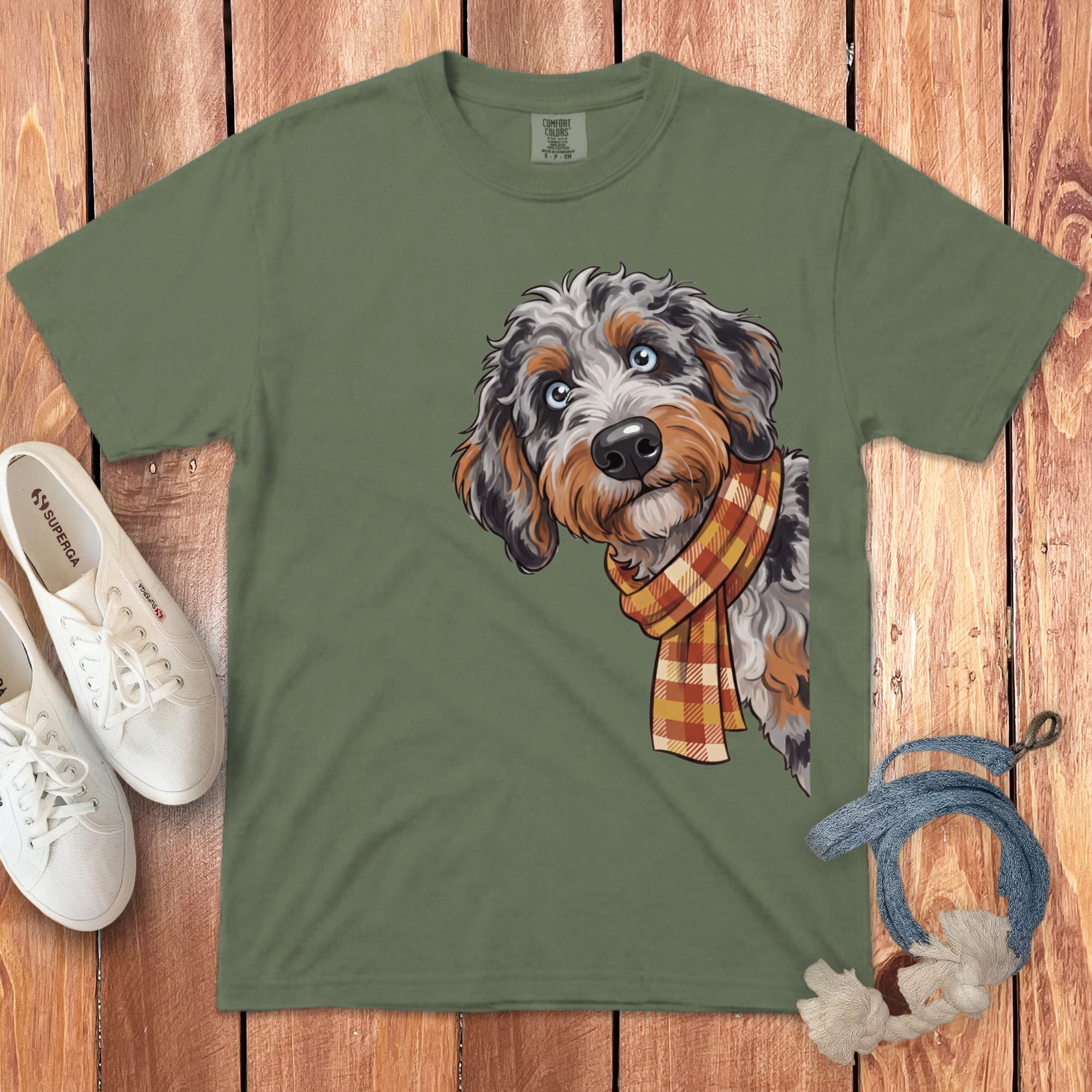 Fall Plaid Aussiedoodle Signature T-Shirt in Moss / S / T-Shirts by Puppy Jo