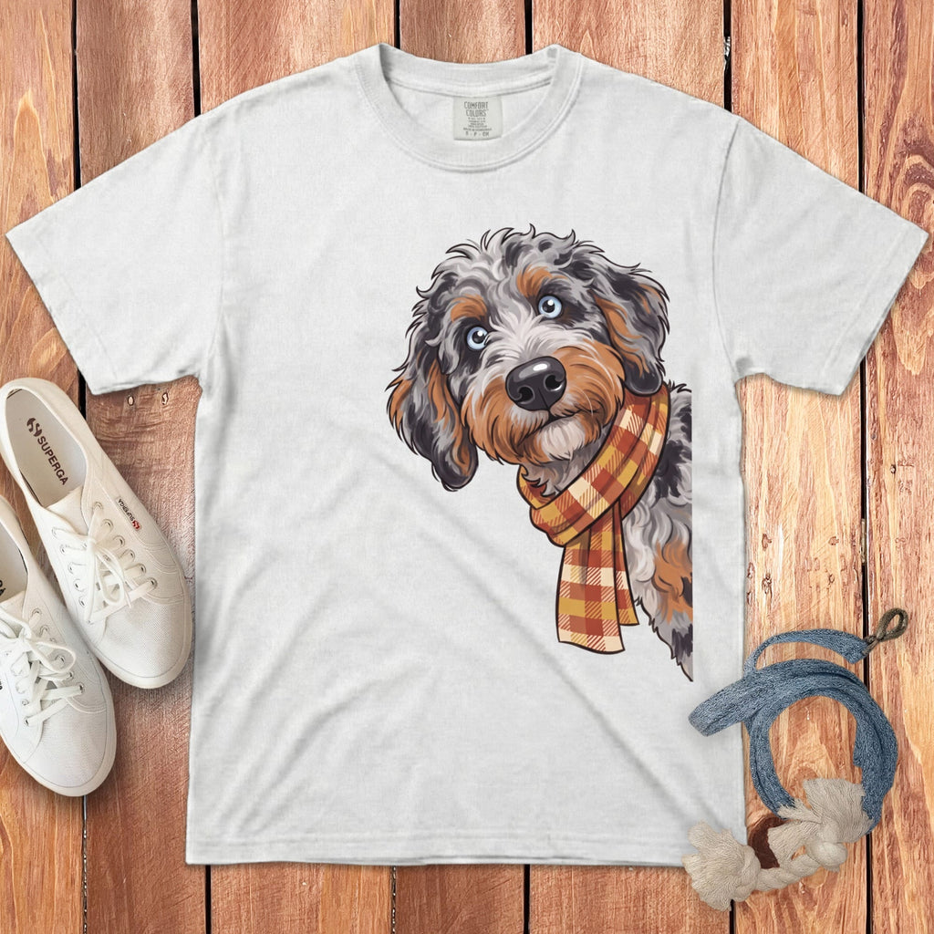 Fall Plaid Aussiedoodle Signature T-Shirt in White / S / T-Shirts by Puppy Jo