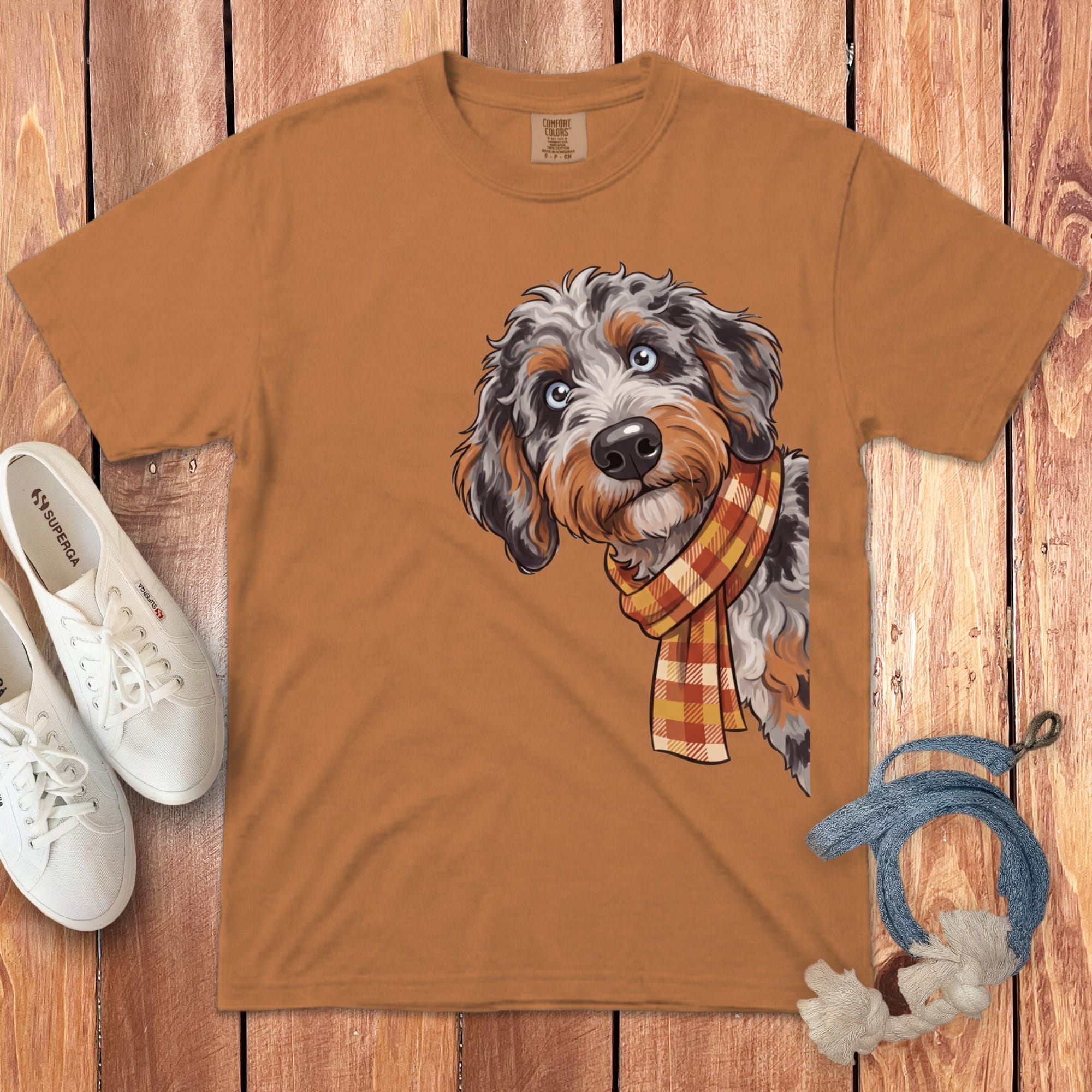 Fall Plaid Aussiedoodle Signature T-Shirt in Yam / S / T-Shirts by Puppy Jo