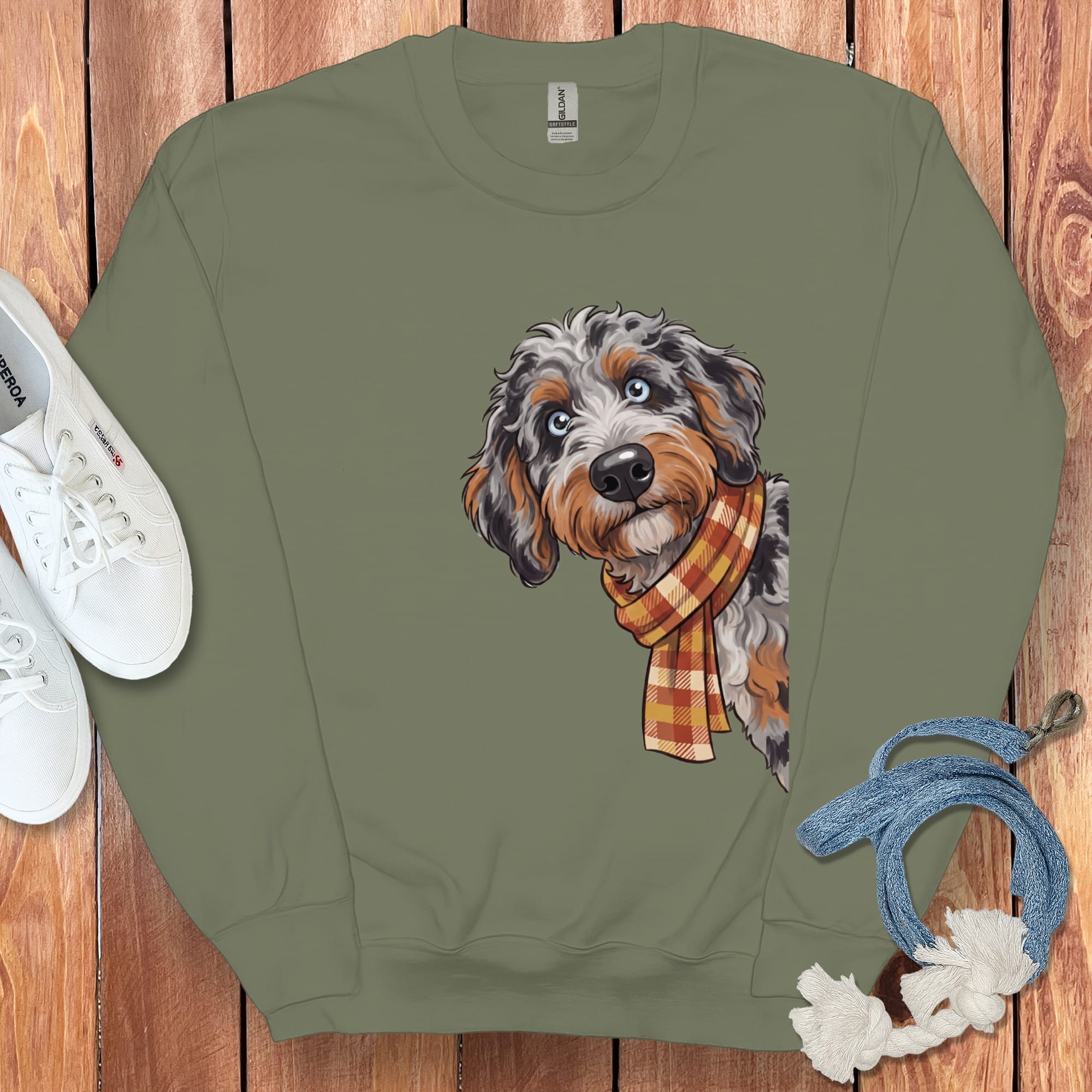 Fall Plaid Aussiedoodle Sweatshirt in Military Green / S by Puppy Jo