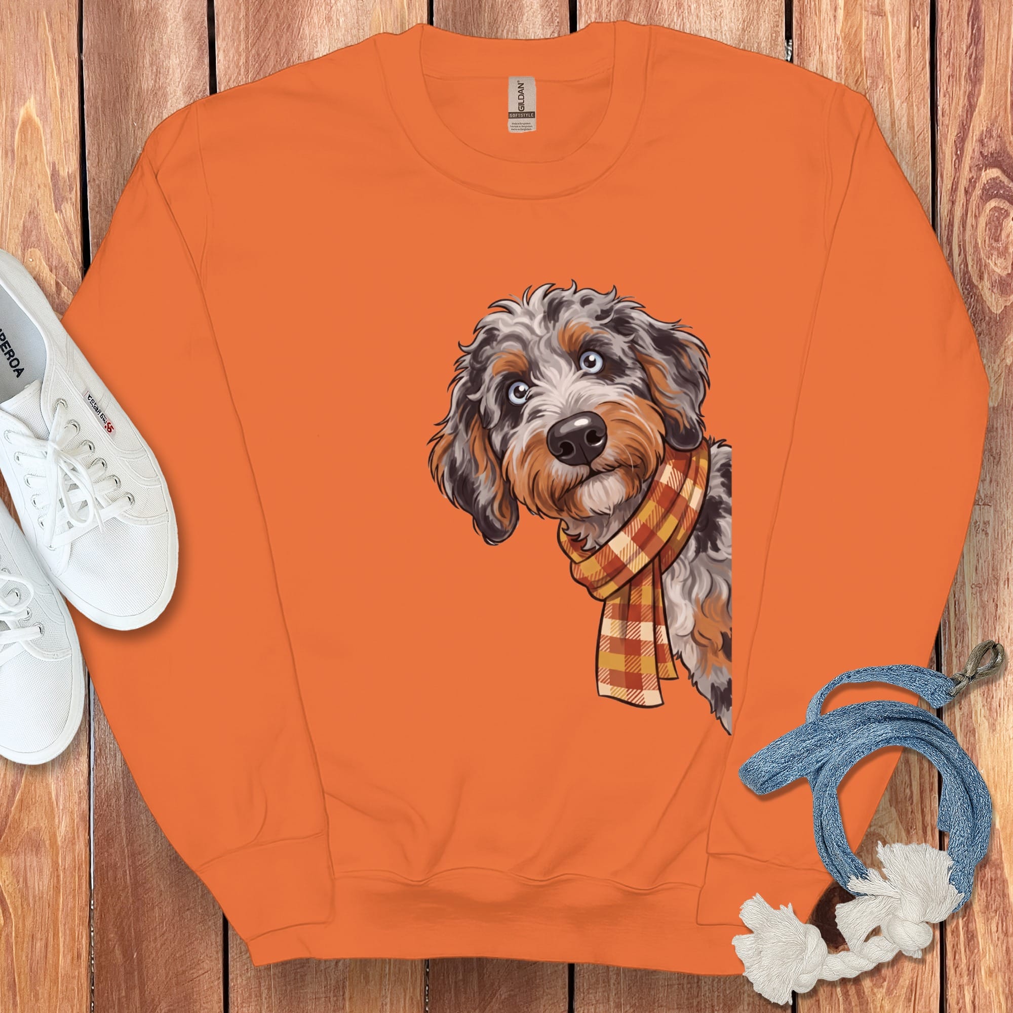 Fall Plaid Aussiedoodle Sweatshirt in Orange / M by Puppy Jo