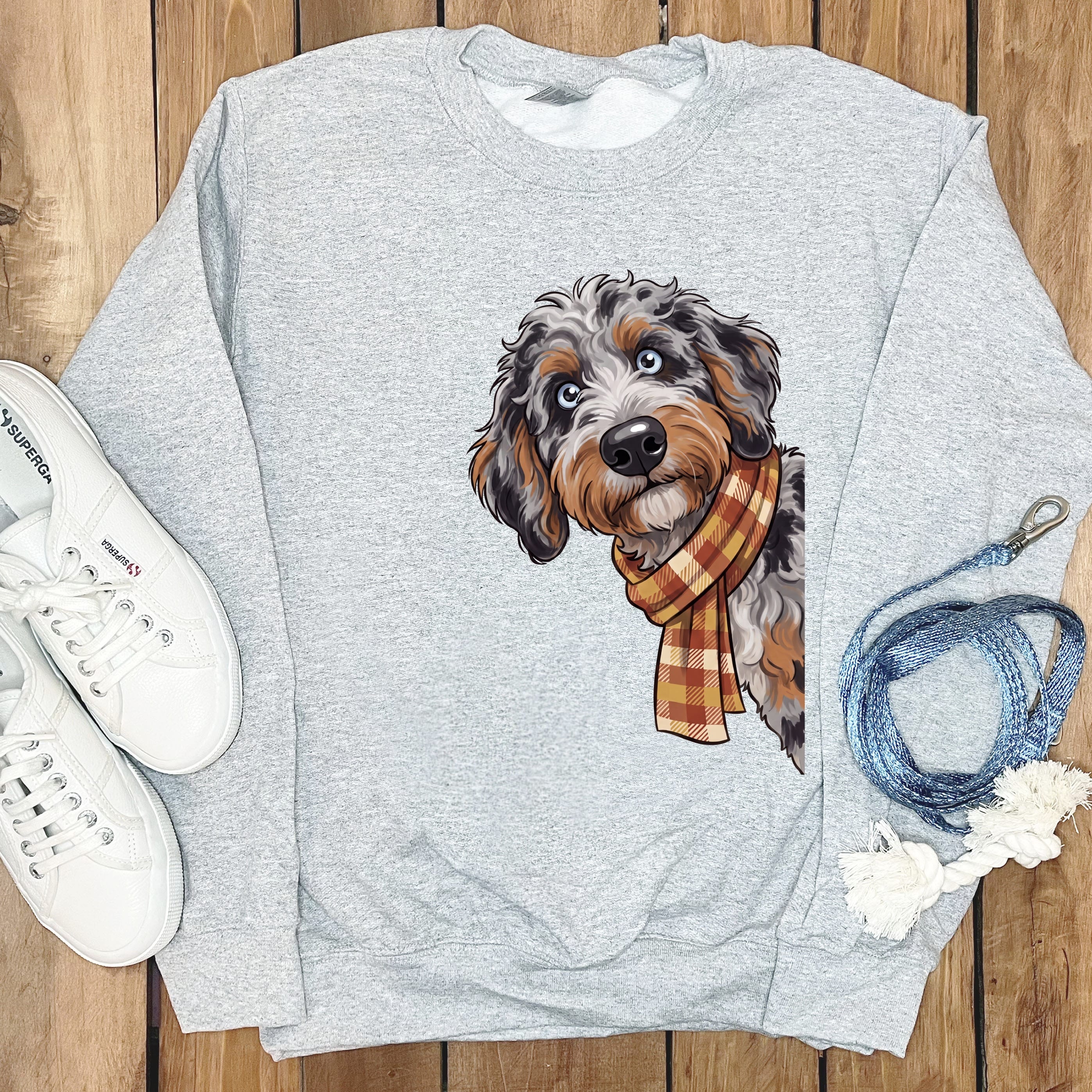 Fall Plaid Aussiedoodle Sweatshirt in Sport Grey / S by Puppy Jo