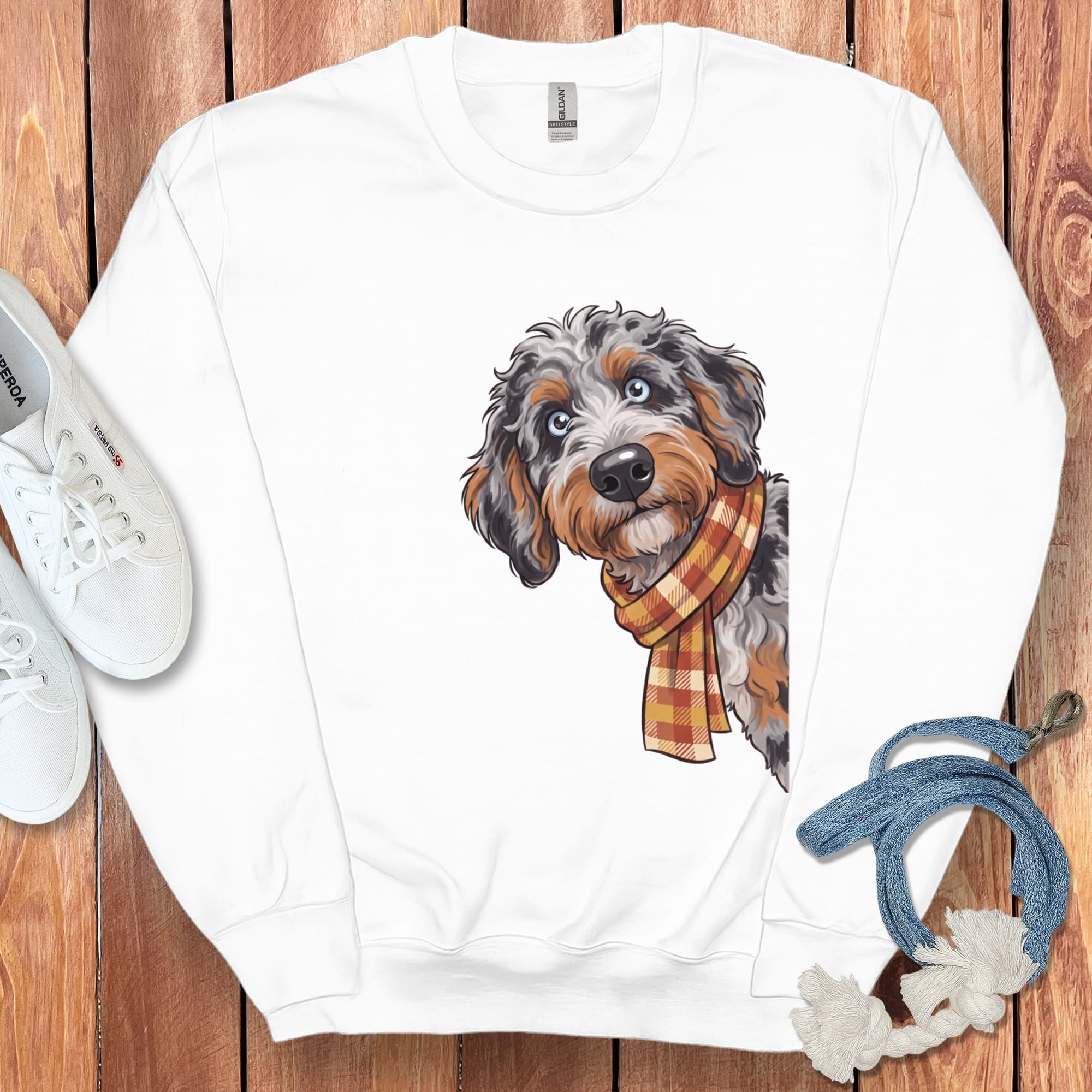 Fall Plaid Aussiedoodle Sweatshirt in White / S by Puppy Jo