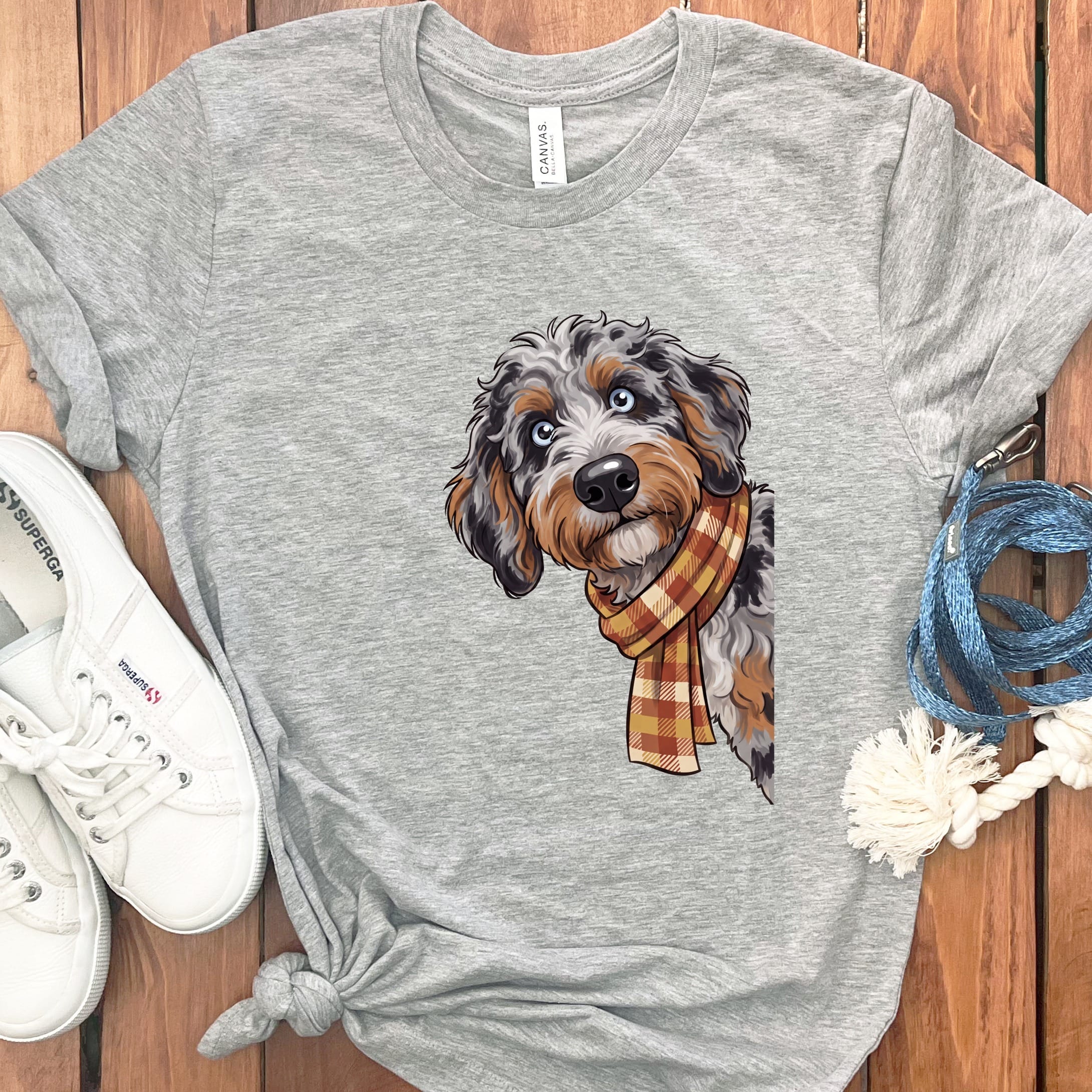 Fall Plaid Aussiedoodle T-Shirt in Athletic Heather / S by Puppy Jo