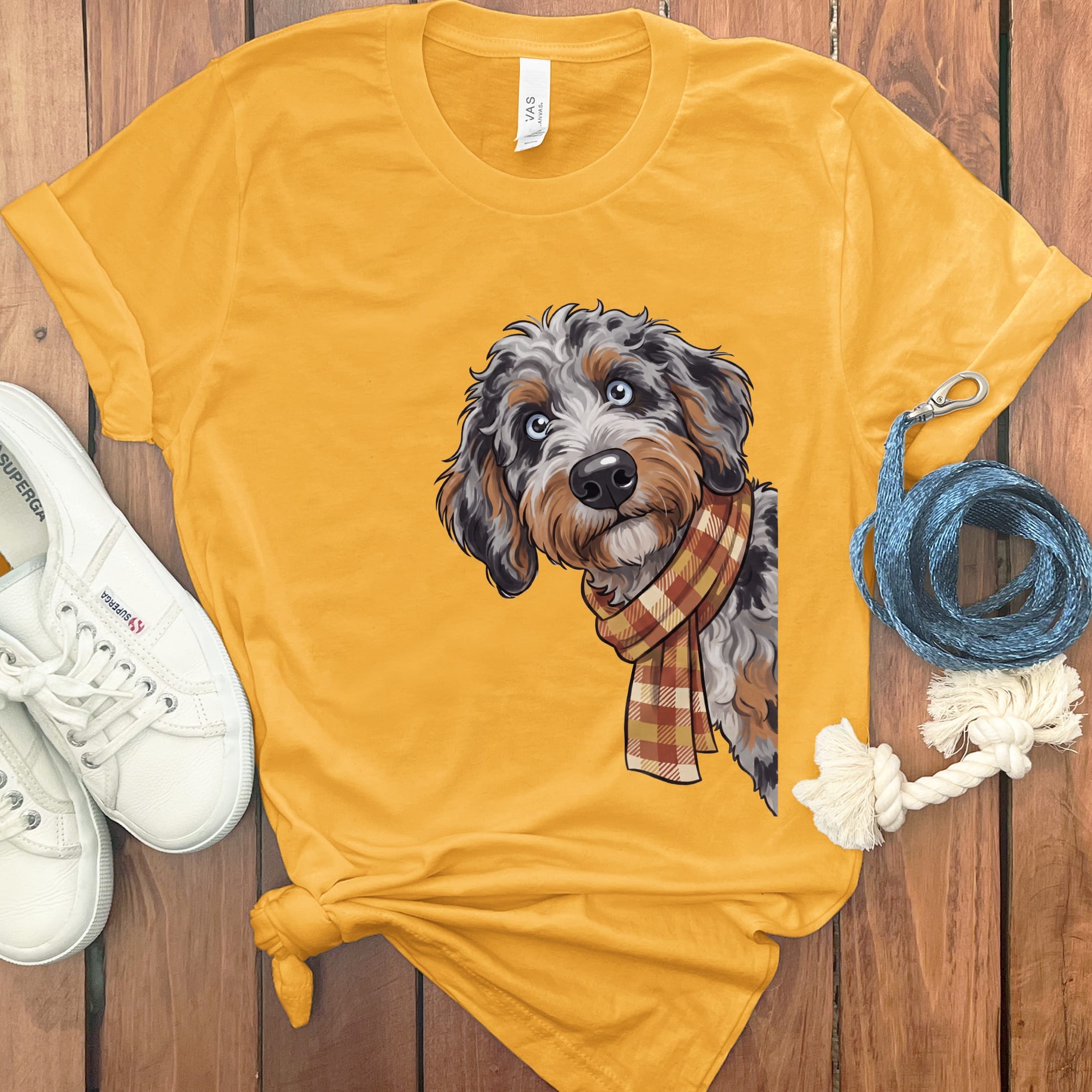 Fall Plaid Aussiedoodle T-Shirt in Gold / S by Puppy Jo