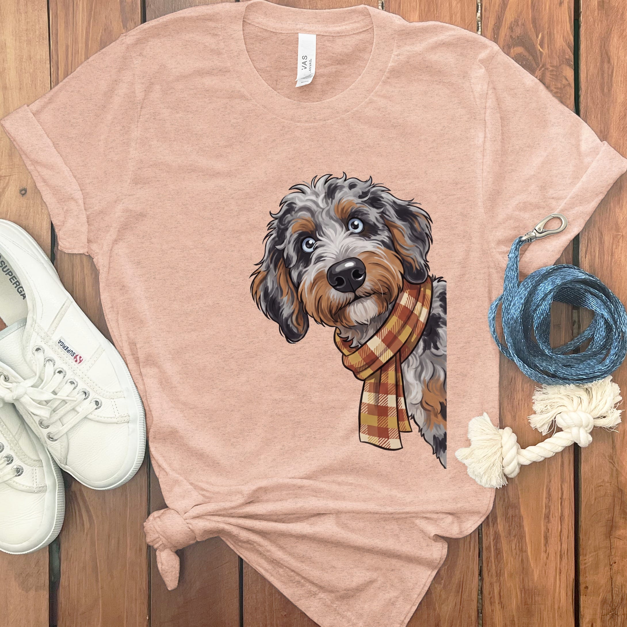 Fall Plaid Aussiedoodle T-Shirt in Heather Peach / S by Puppy Jo