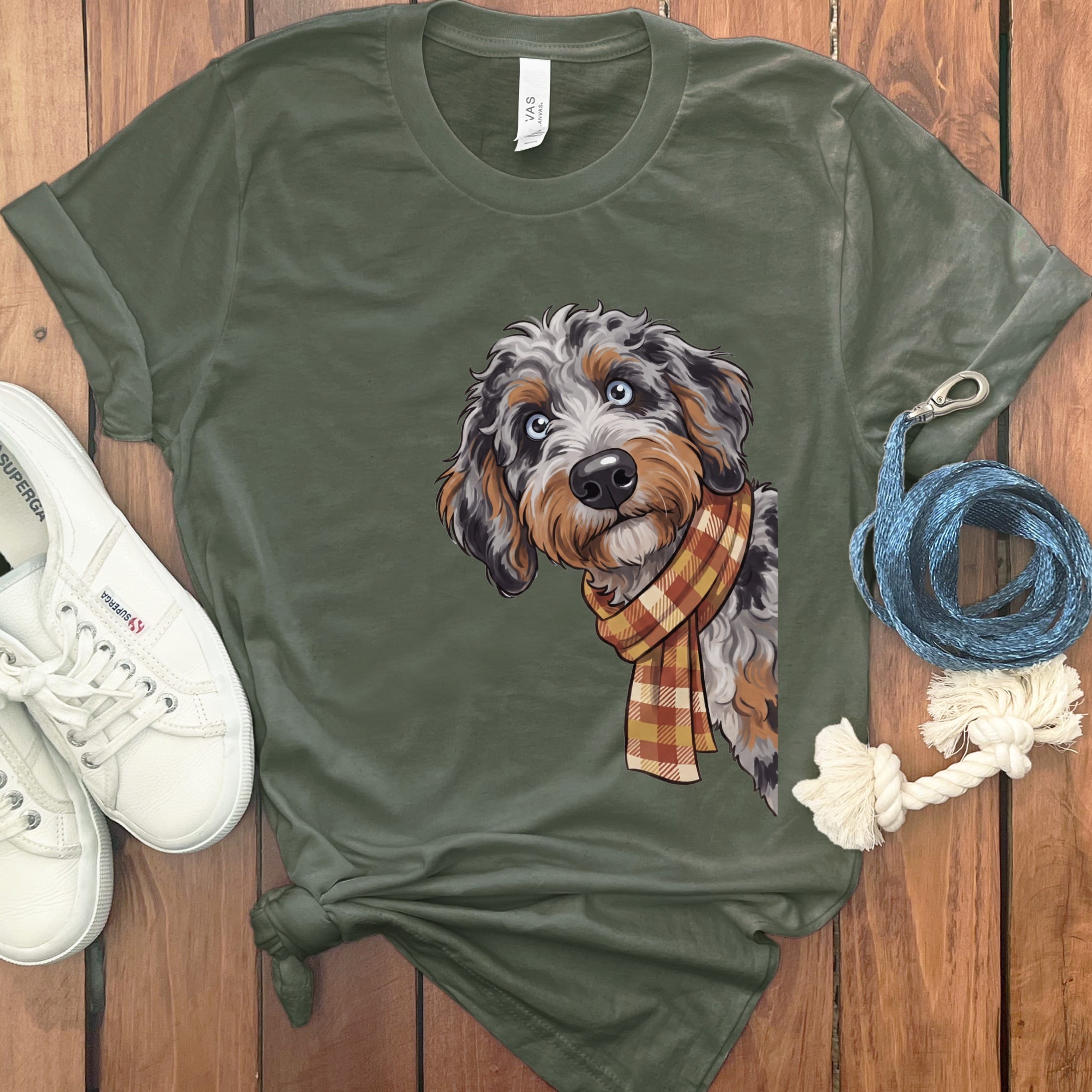 Fall Plaid Aussiedoodle T-Shirt in Military Green / S by Puppy Jo