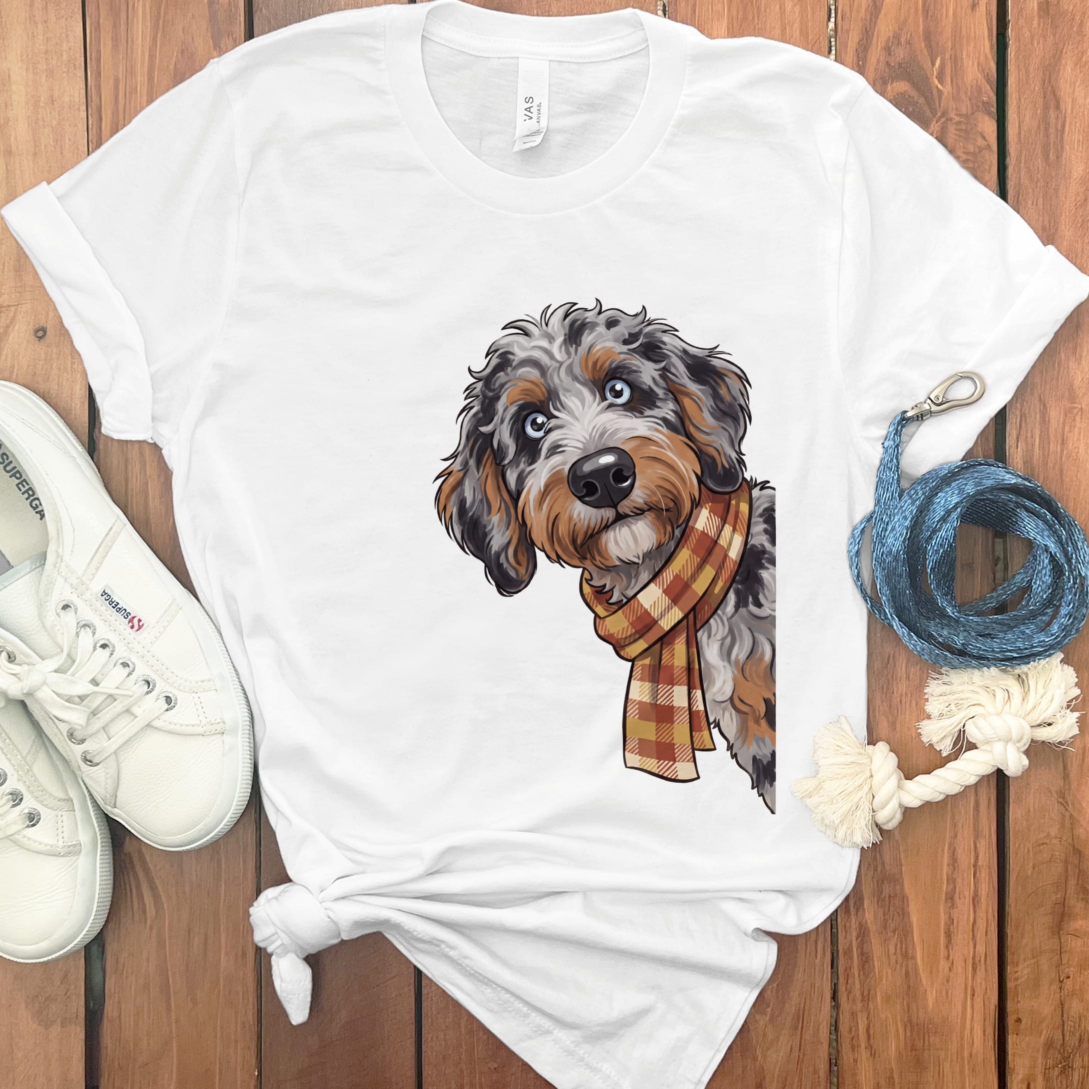 Fall Plaid Aussiedoodle T-Shirt in White / S by Puppy Jo