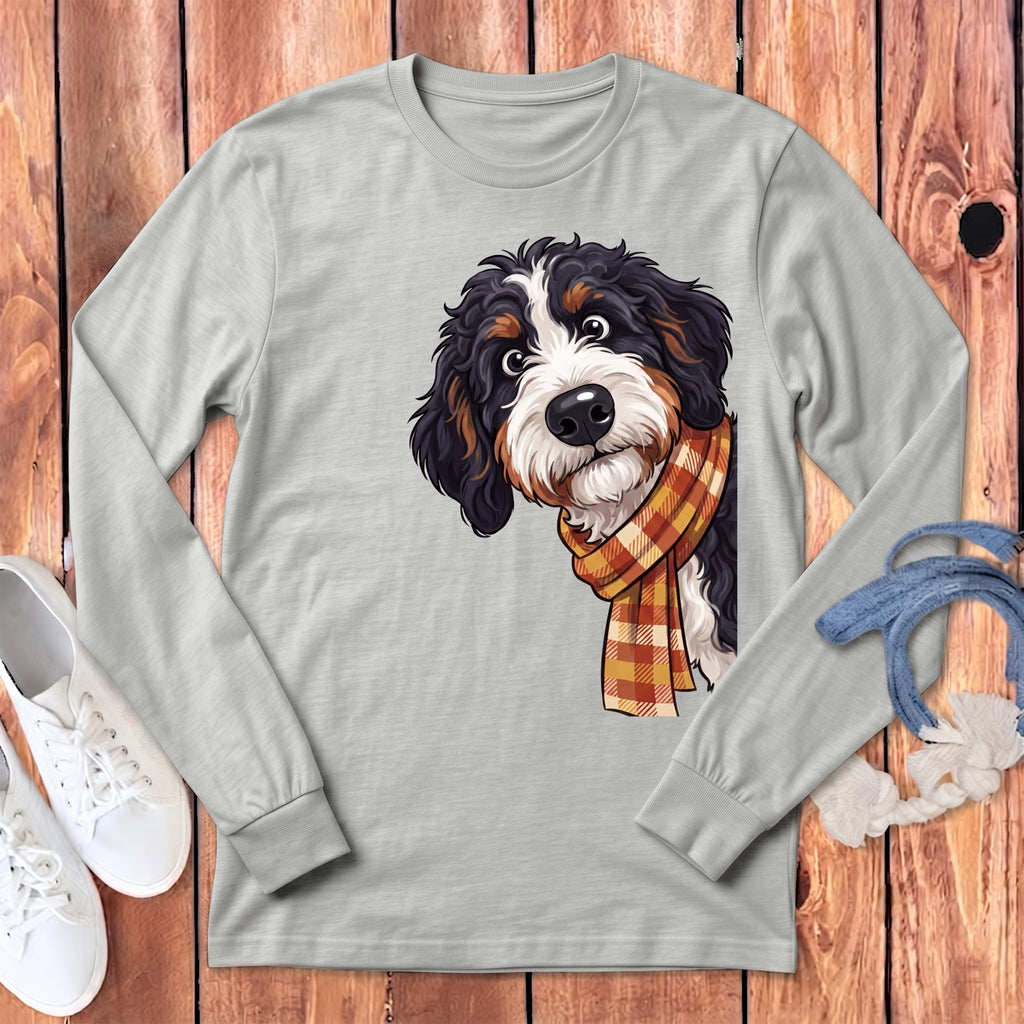 Fall Plaid Bernedoodle Long Sleeve T-Shirt in Athletic Heather / S by Puppy Jo