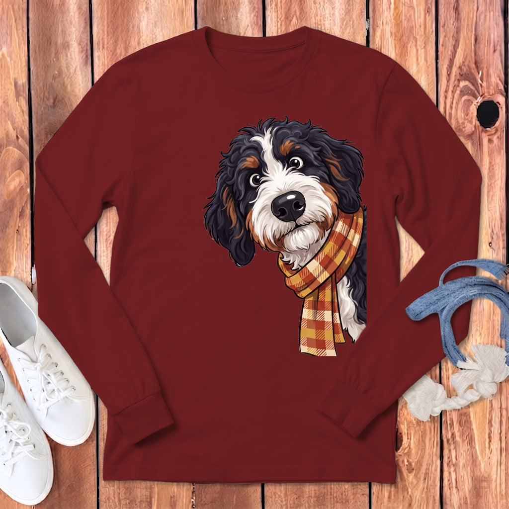 Fall Plaid Bernedoodle Long Sleeve T-Shirt in Cardinal / S by Puppy Jo