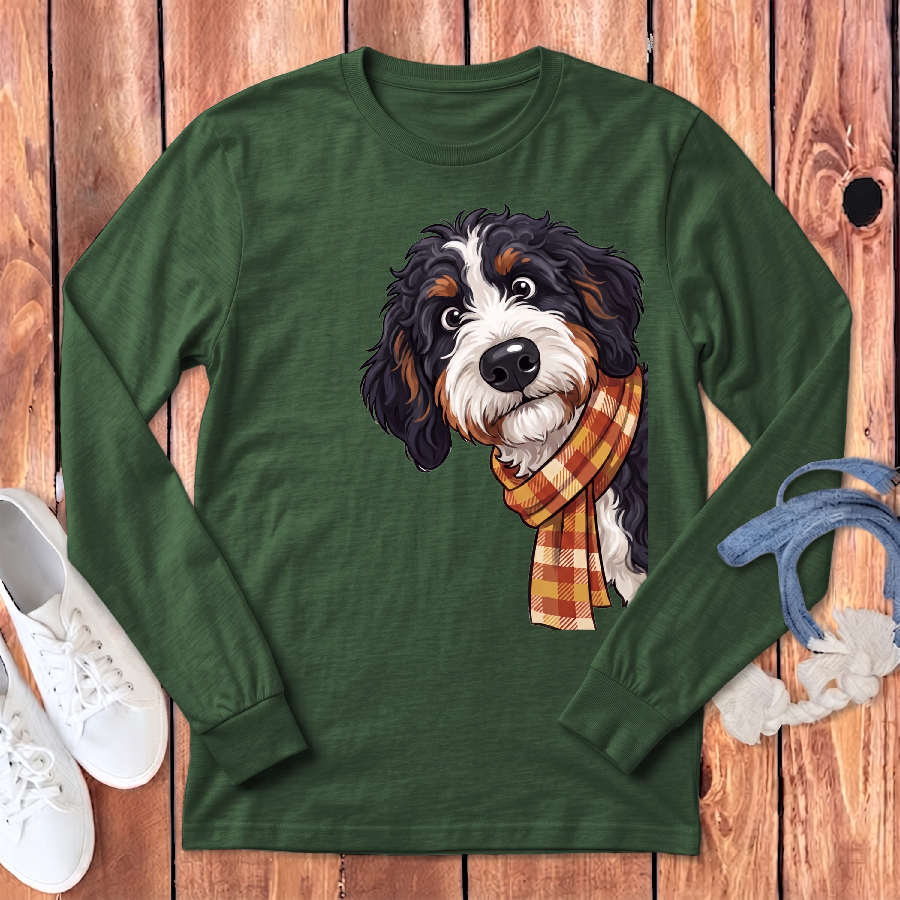 Fall Plaid Bernedoodle Long Sleeve T-Shirt in Heather Forest / S by Puppy Jo