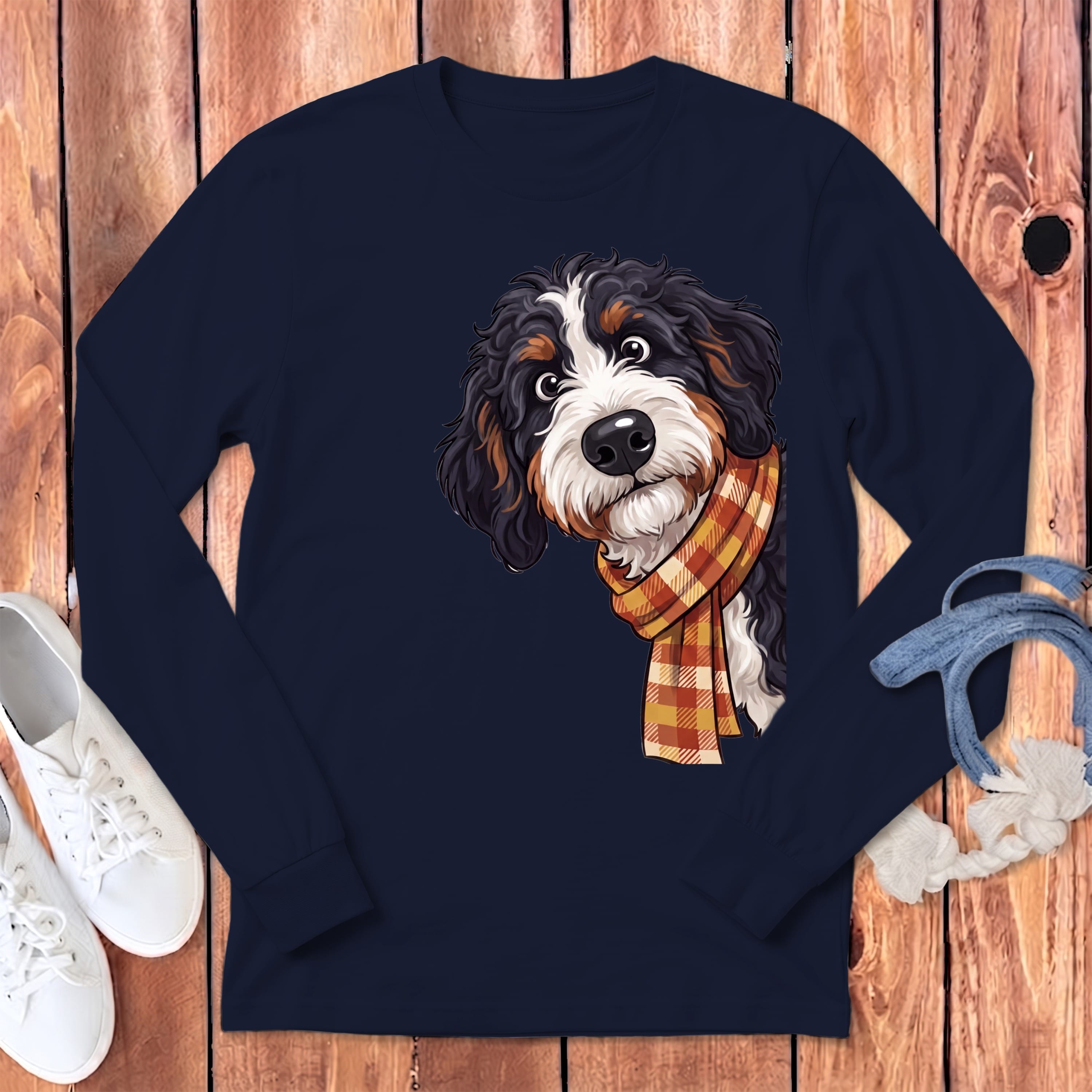 Fall Plaid Bernedoodle Long Sleeve T-Shirt in Navy / S by Puppy Jo