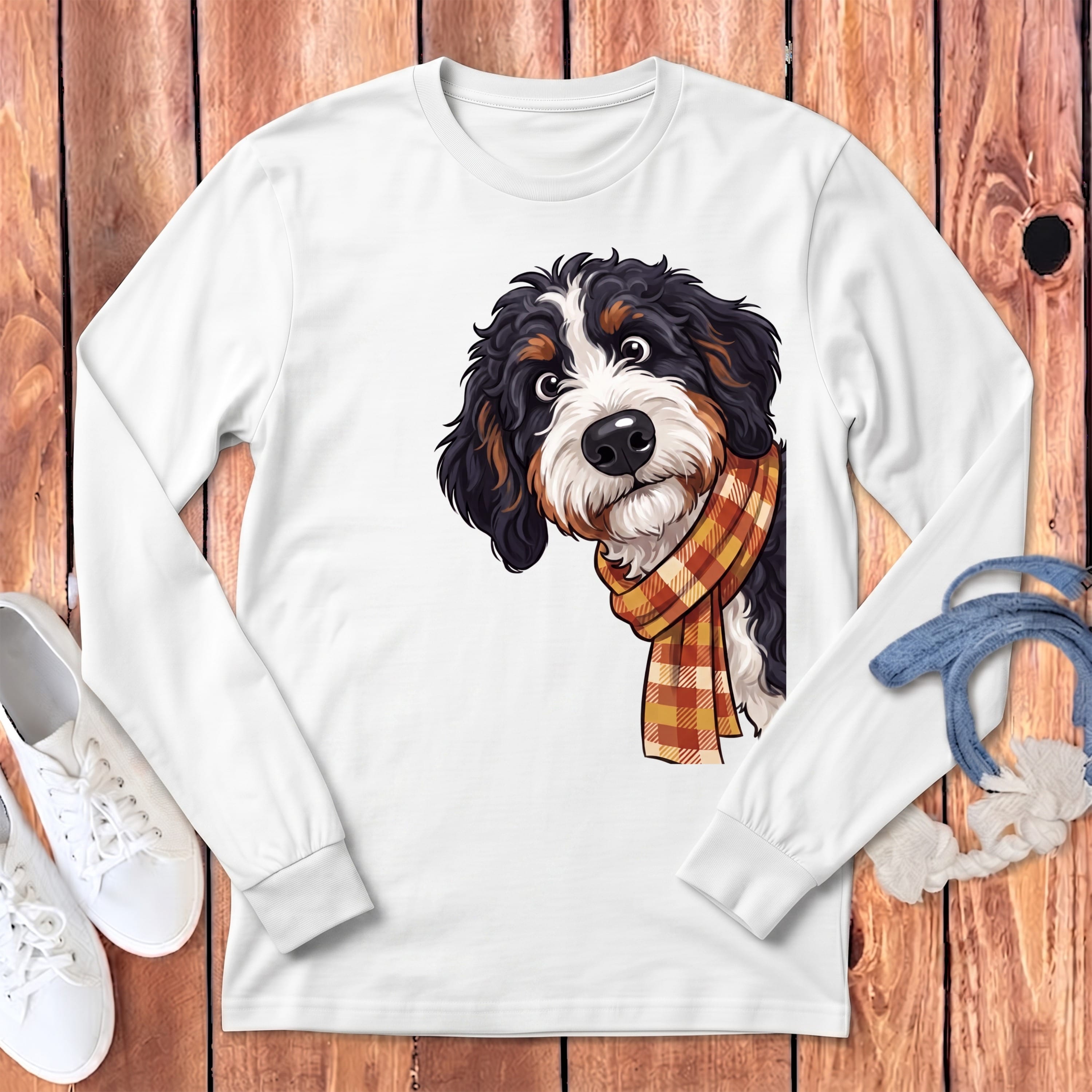 Fall Plaid Bernedoodle Long Sleeve T-Shirt in White / S by Puppy Jo