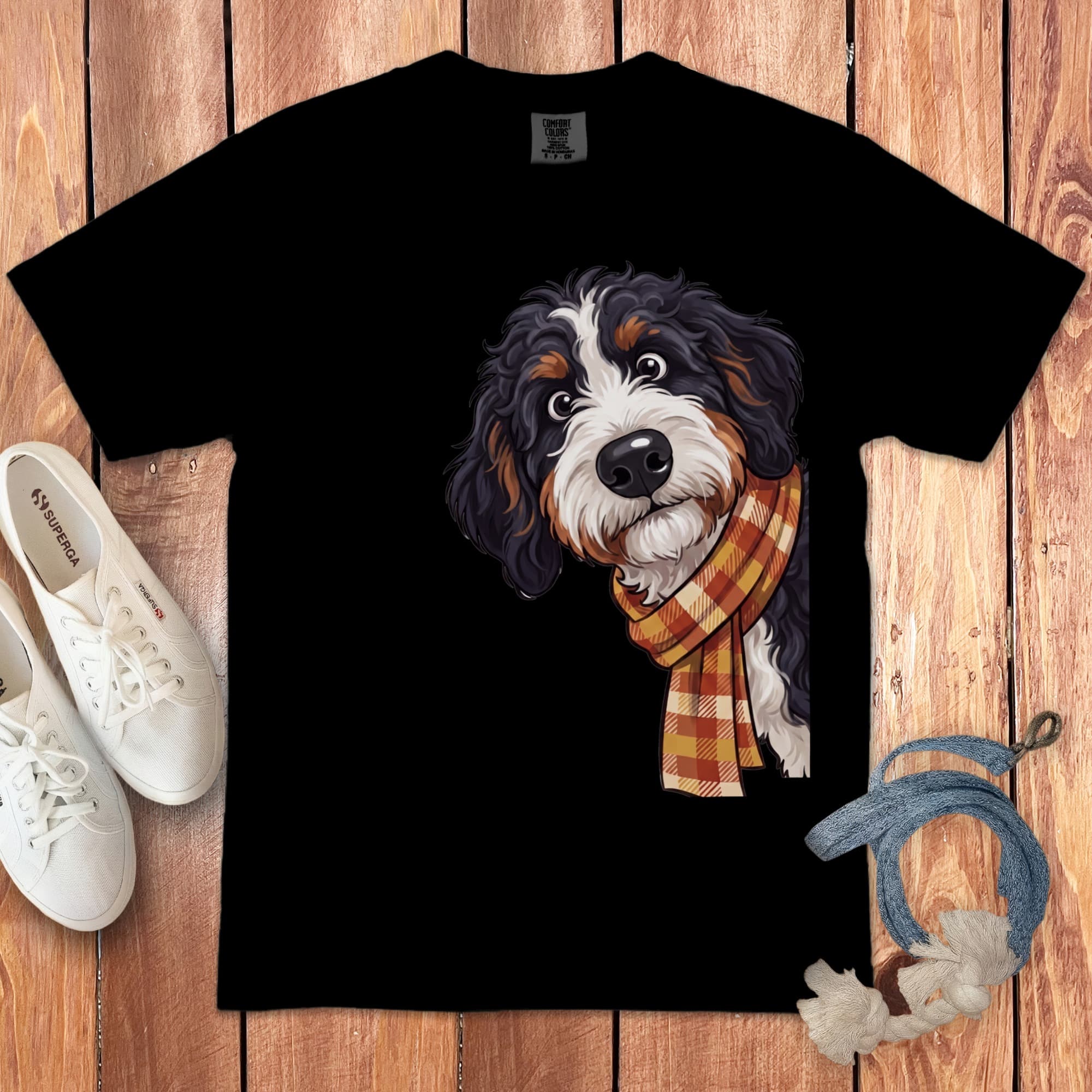 Fall Plaid Bernedoodle Signature T-Shirt in Black / S / T-Shirts by Puppy Jo