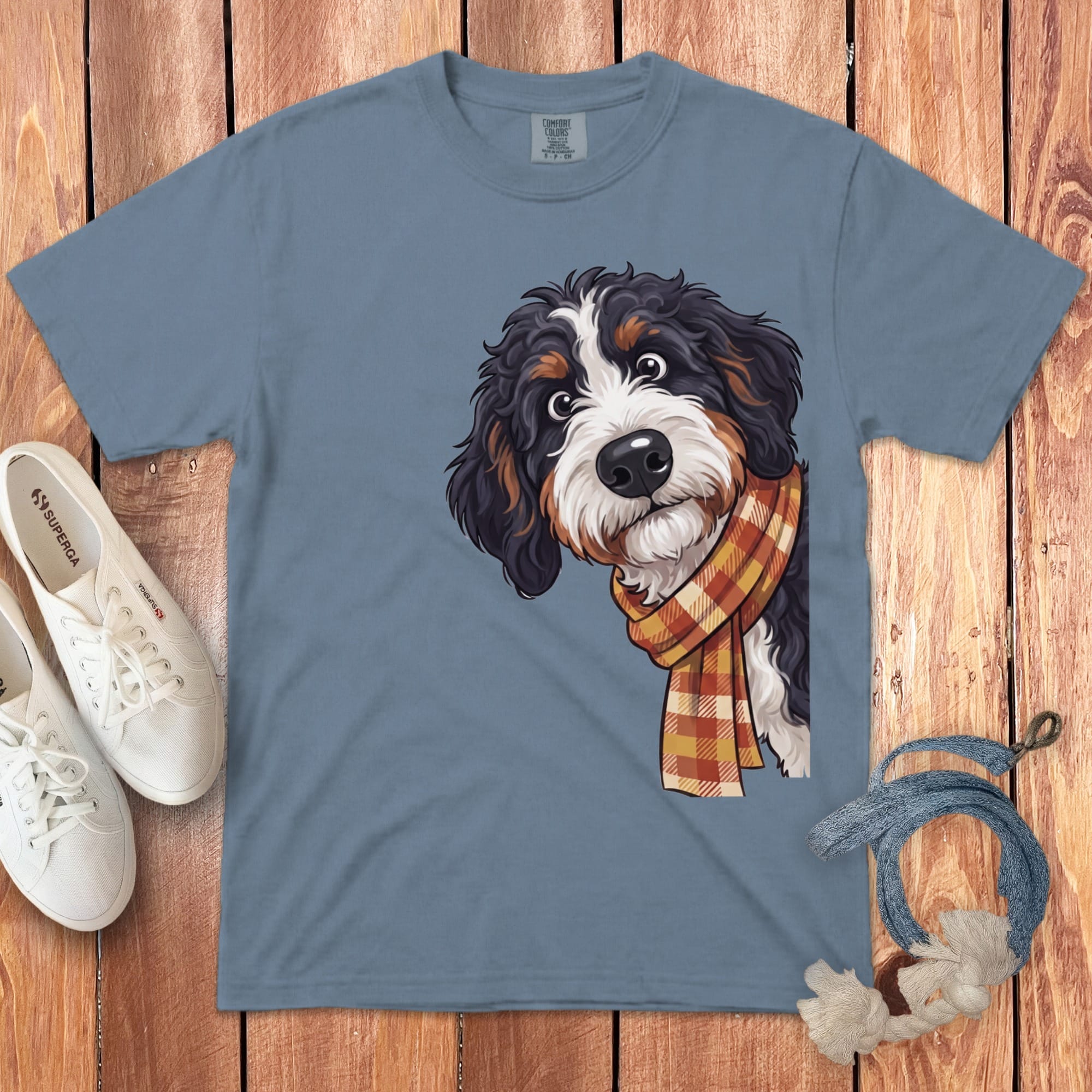 Fall Plaid Bernedoodle Signature T-Shirt in Blue Jean / S / T-Shirts by Puppy Jo