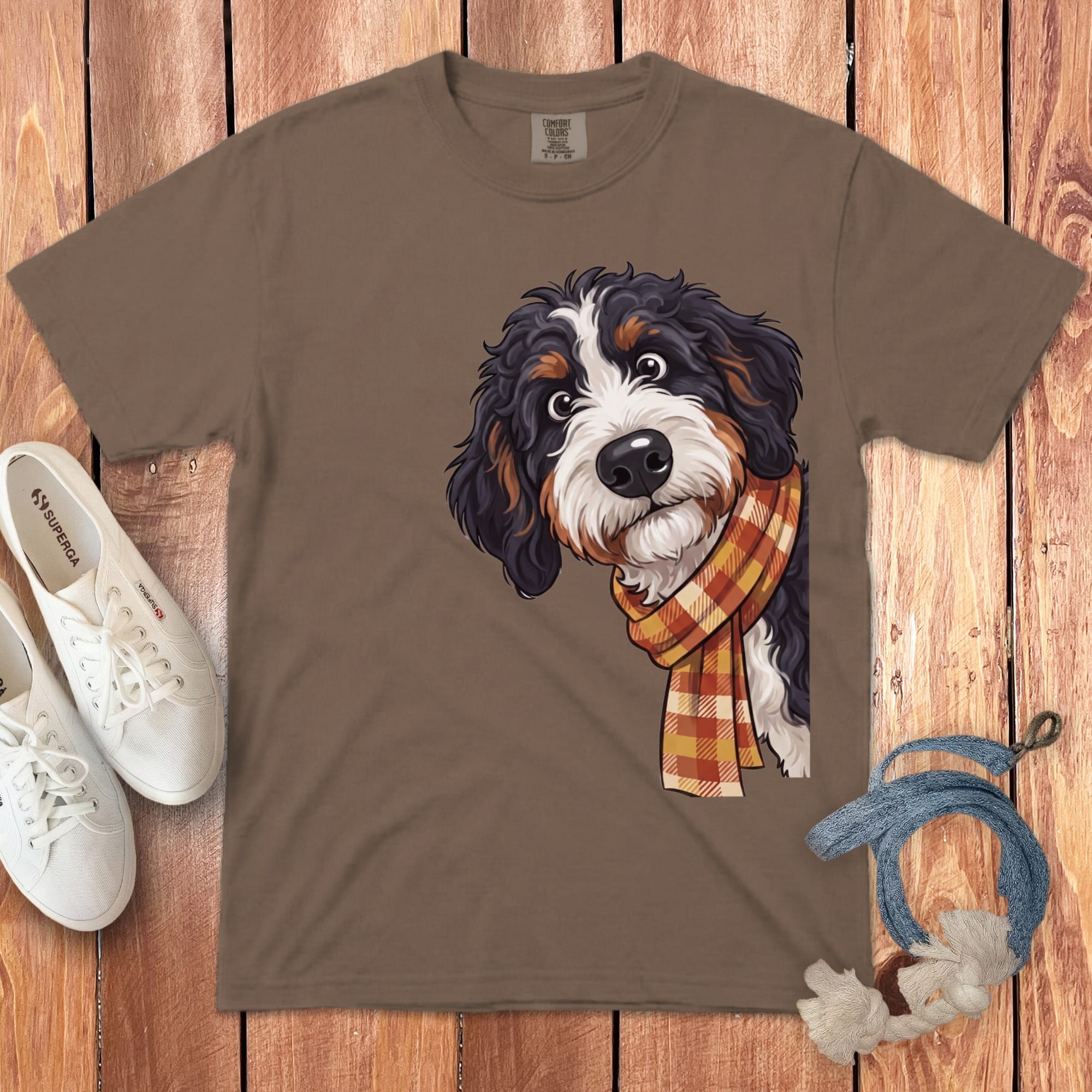 Fall Plaid Bernedoodle Signature T-Shirt in Espresso / S / T-Shirts by Puppy Jo