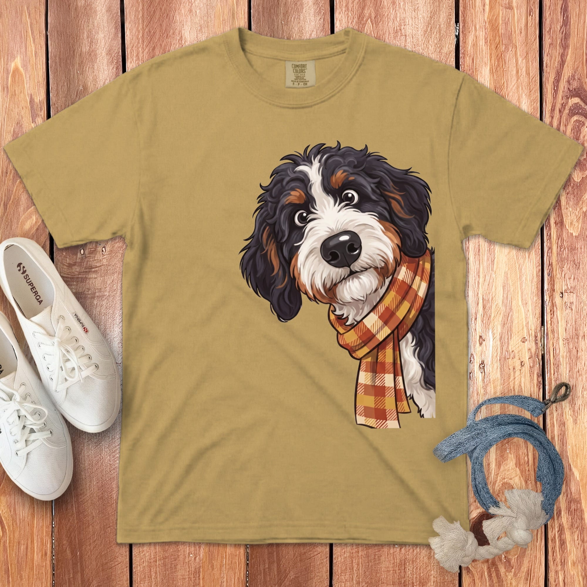 Fall Plaid Bernedoodle Signature T-Shirt in Mustard / S / T-Shirts by Puppy Jo
