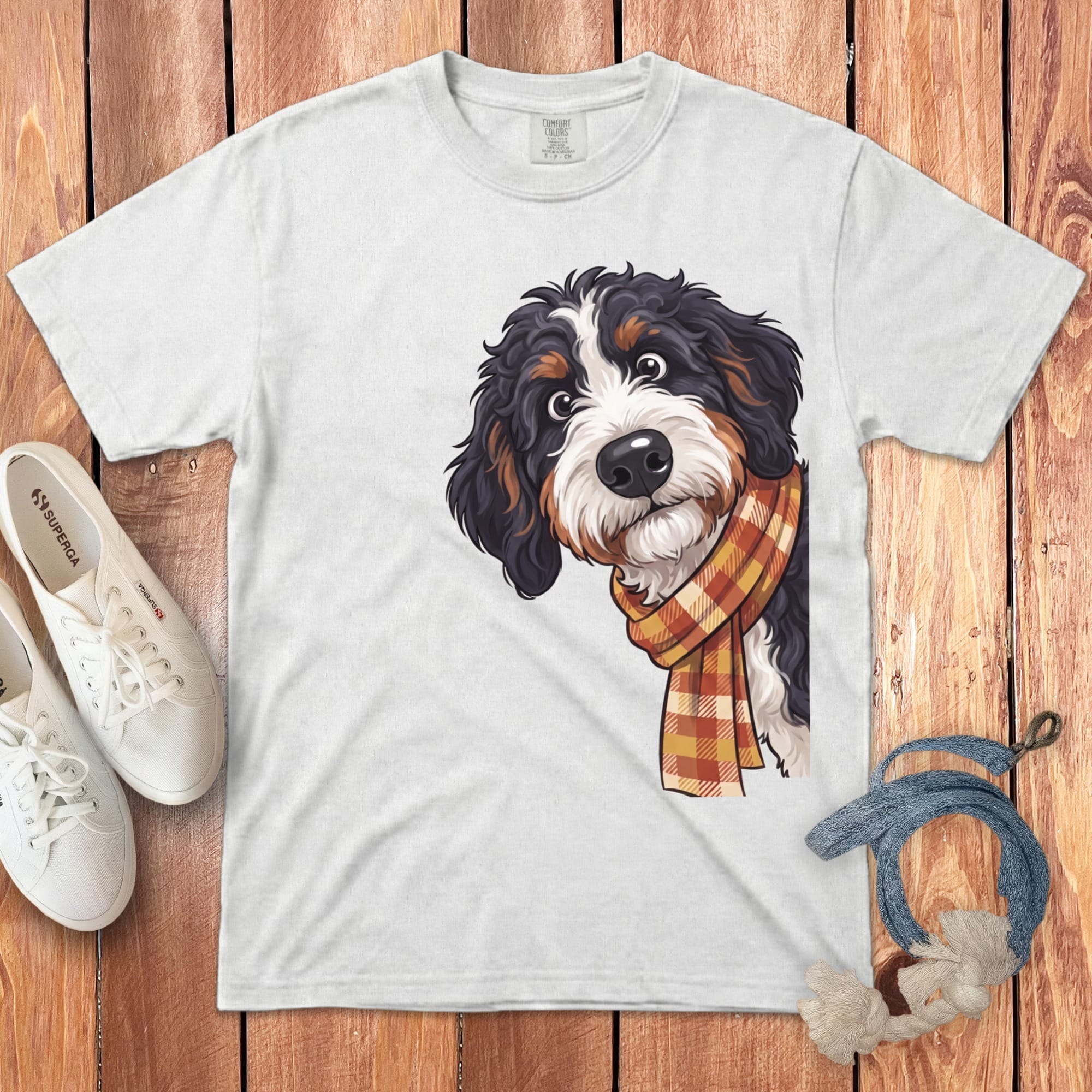 Fall Plaid Bernedoodle Signature T-Shirt in White / S / T-Shirts by Puppy Jo