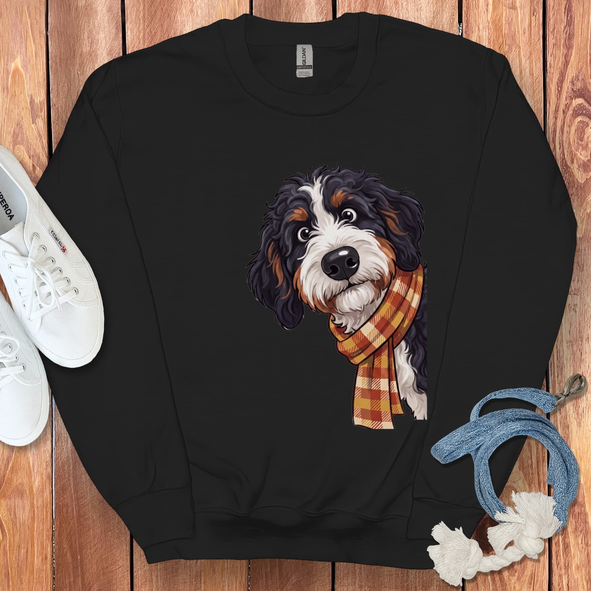 Fall Plaid Bernedoodle Sweatshirt in Black / S by Puppy Jo
