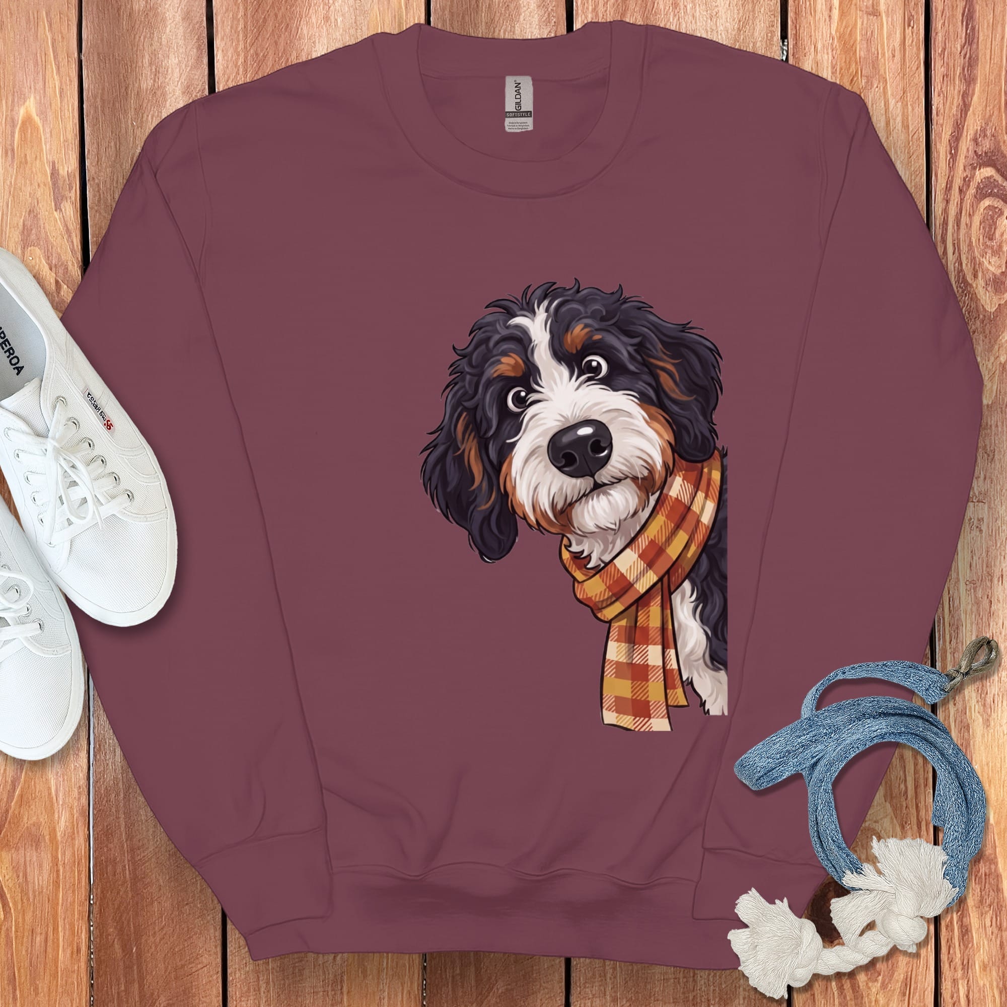 Fall Plaid Bernedoodle Sweatshirt in Maroon / S by Puppy Jo