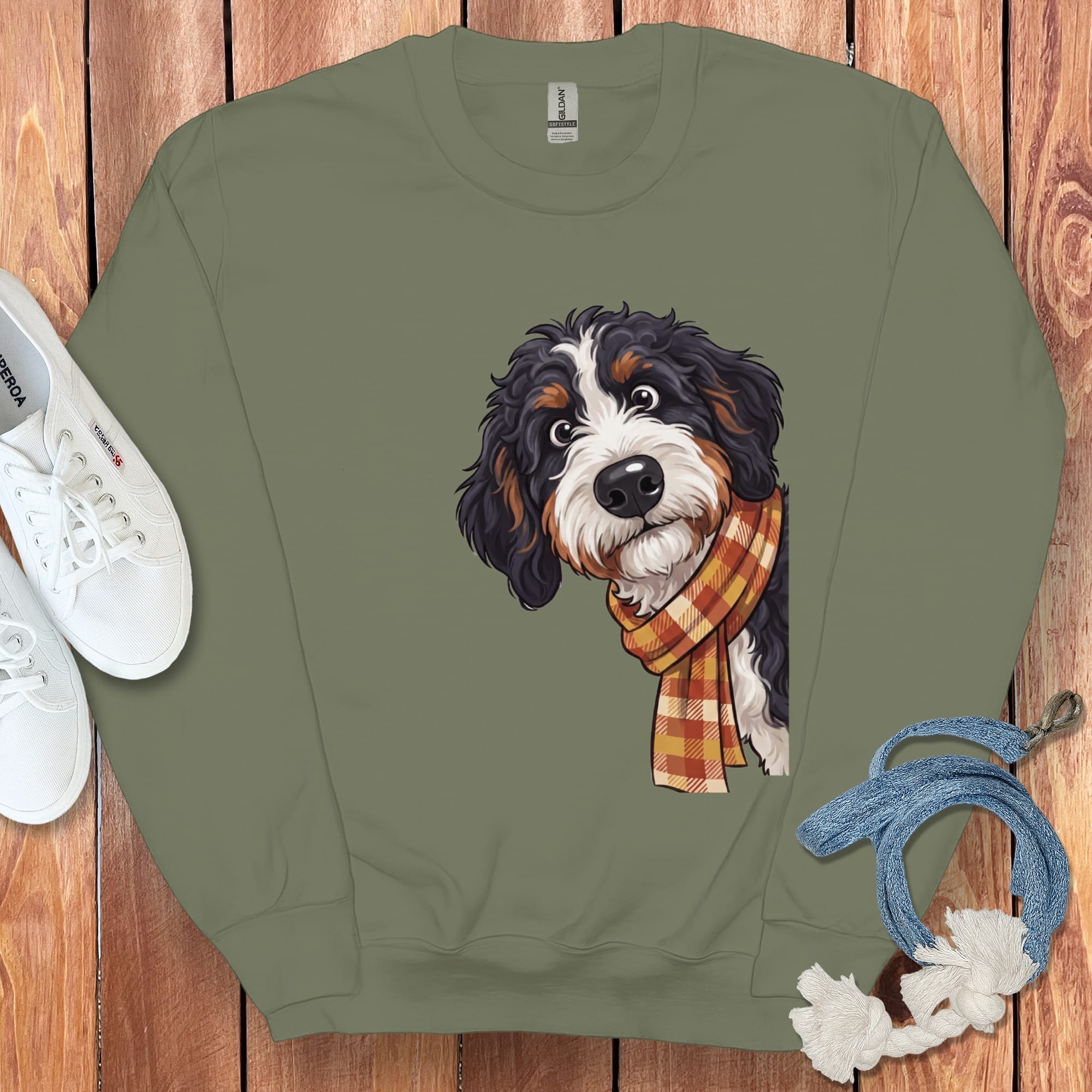 Fall Plaid Bernedoodle Sweatshirt in Military Green / S by Puppy Jo