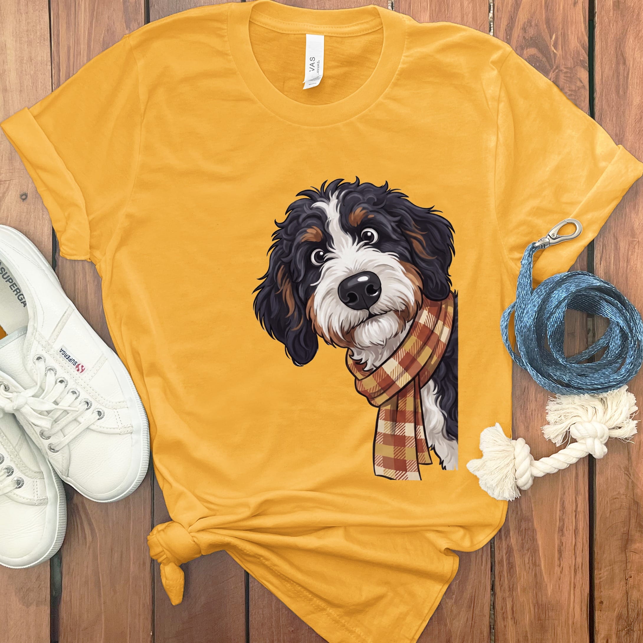 Fall Plaid Bernedoodle T-Shirt in Gold / S by Puppy Jo