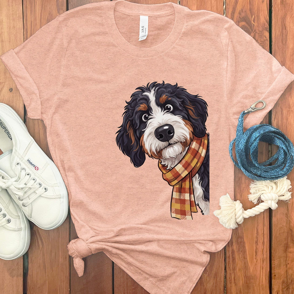 Fall Plaid Bernedoodle T-Shirt in Heather Peach / S by Puppy Jo