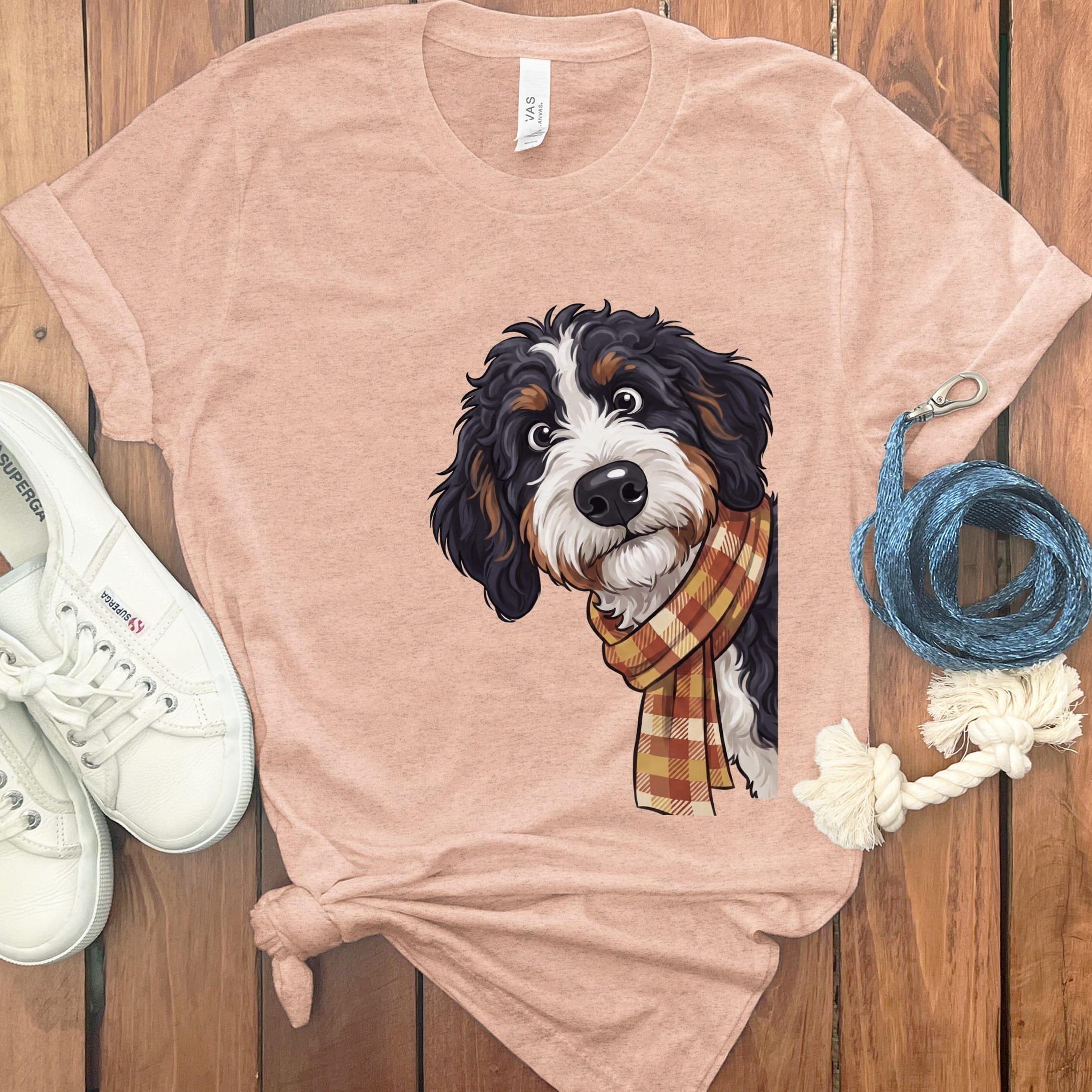 Fall Plaid Bernedoodle T-Shirt in Heather Peach / S by Puppy Jo