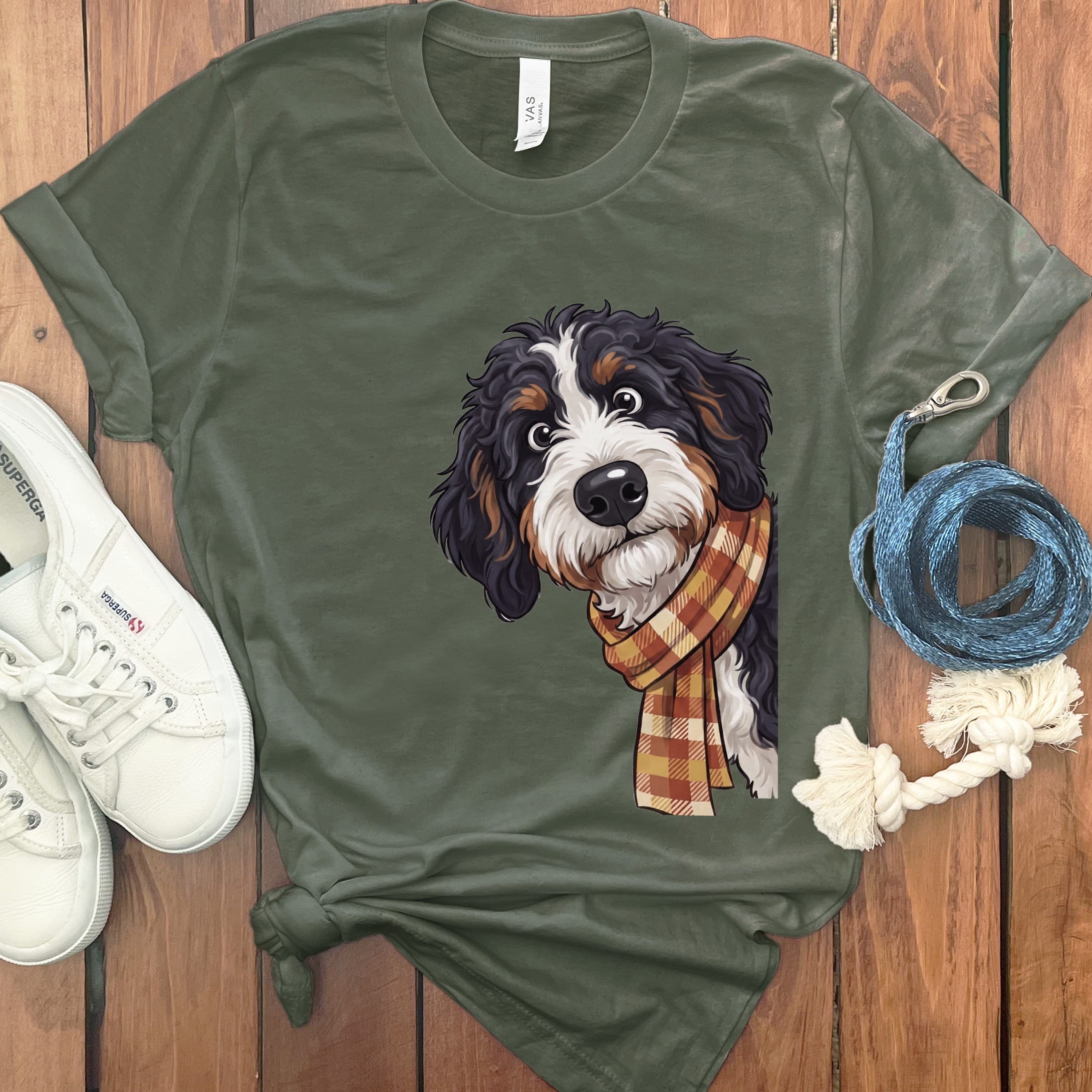 Fall Plaid Bernedoodle T-Shirt in Military Green / S by Puppy Jo