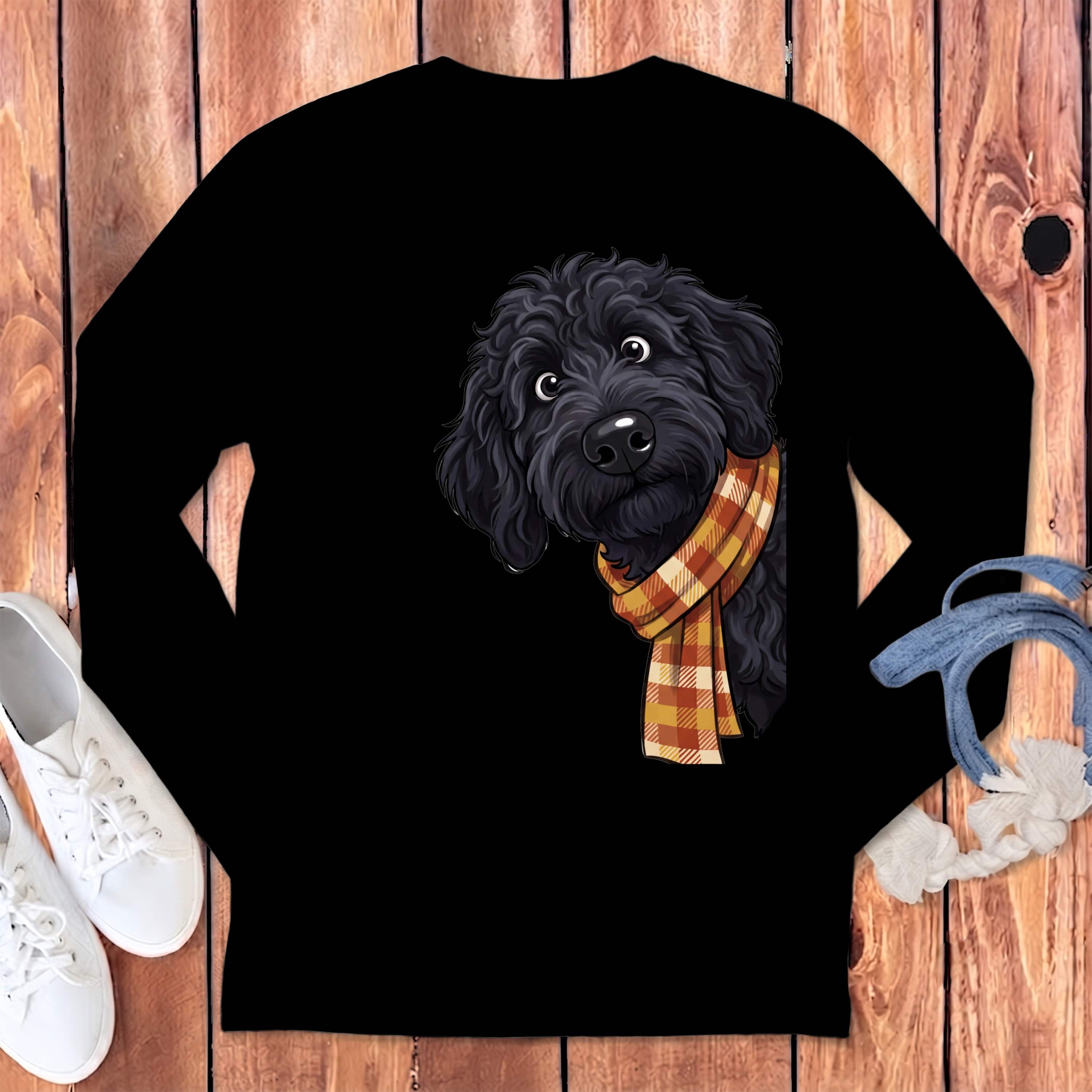 Fall Plaid Black Goldendoodle Long Sleeve T-Shirt in Black / S by Puppy Jo