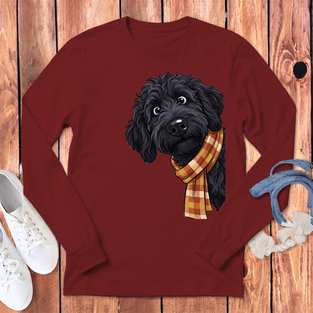 Fall Plaid Black Goldendoodle Long Sleeve T-Shirt in Cardinal / S by Puppy Jo
