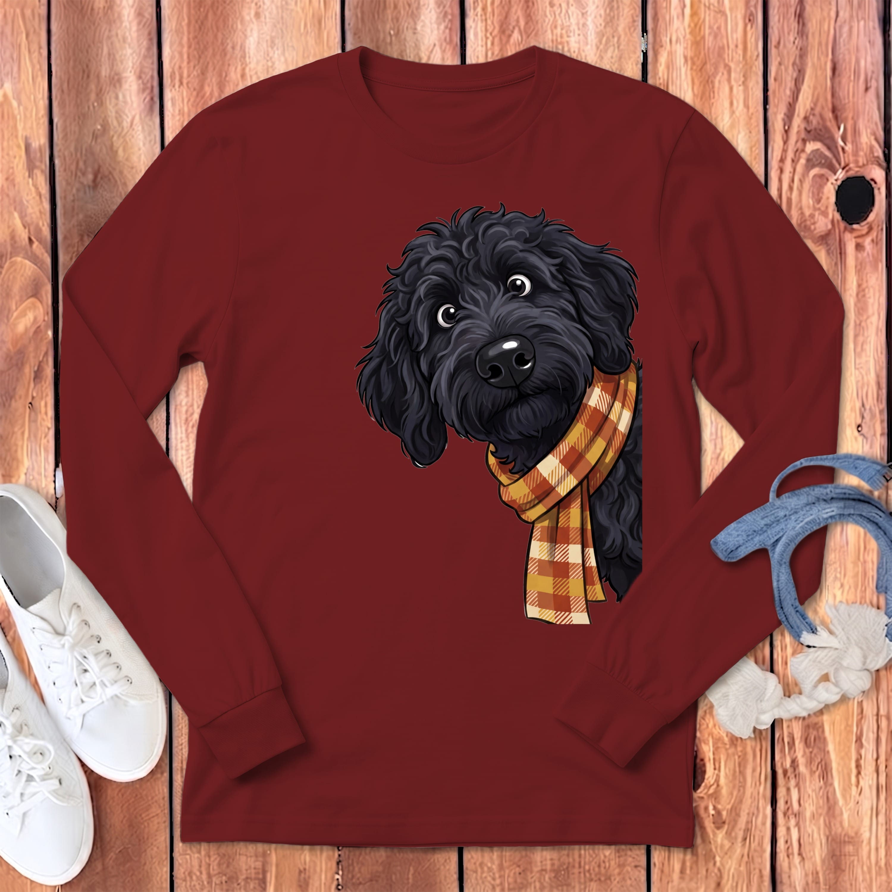 Fall Plaid Black Goldendoodle Long Sleeve T-Shirt in Cardinal / S by Puppy Jo