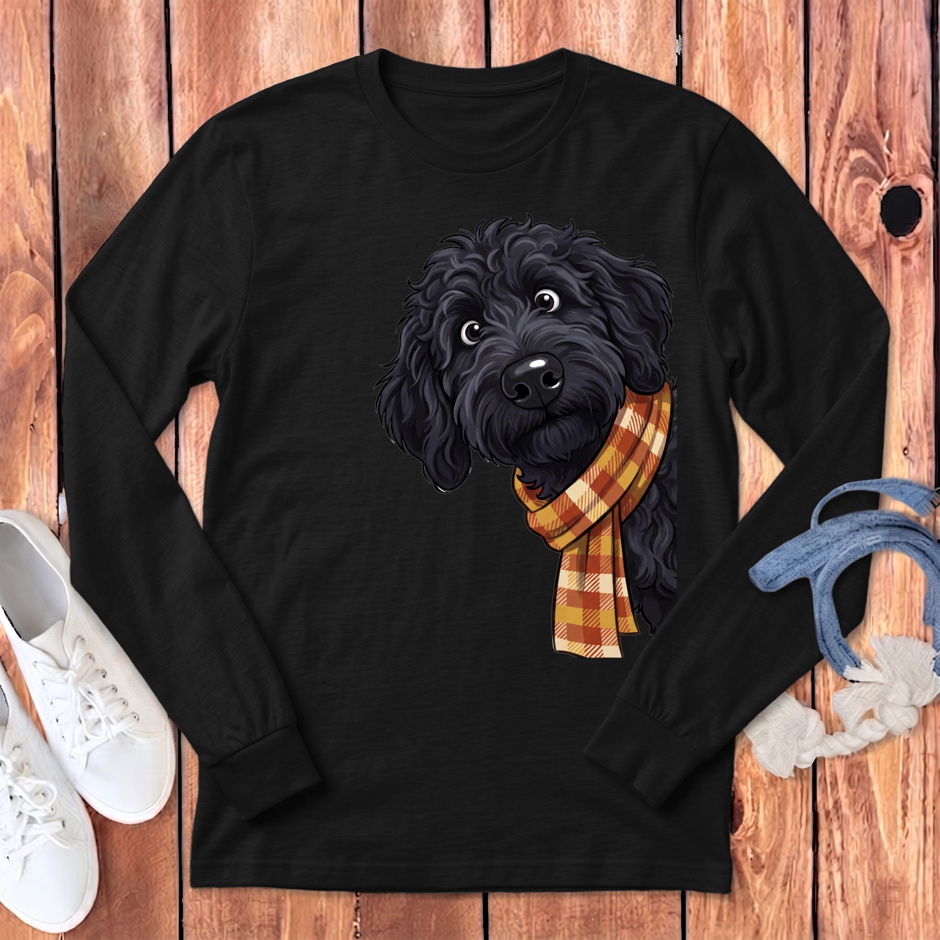 Fall Plaid Black Goldendoodle Long Sleeve T-Shirt in Dark Grey Heather / S by Puppy Jo