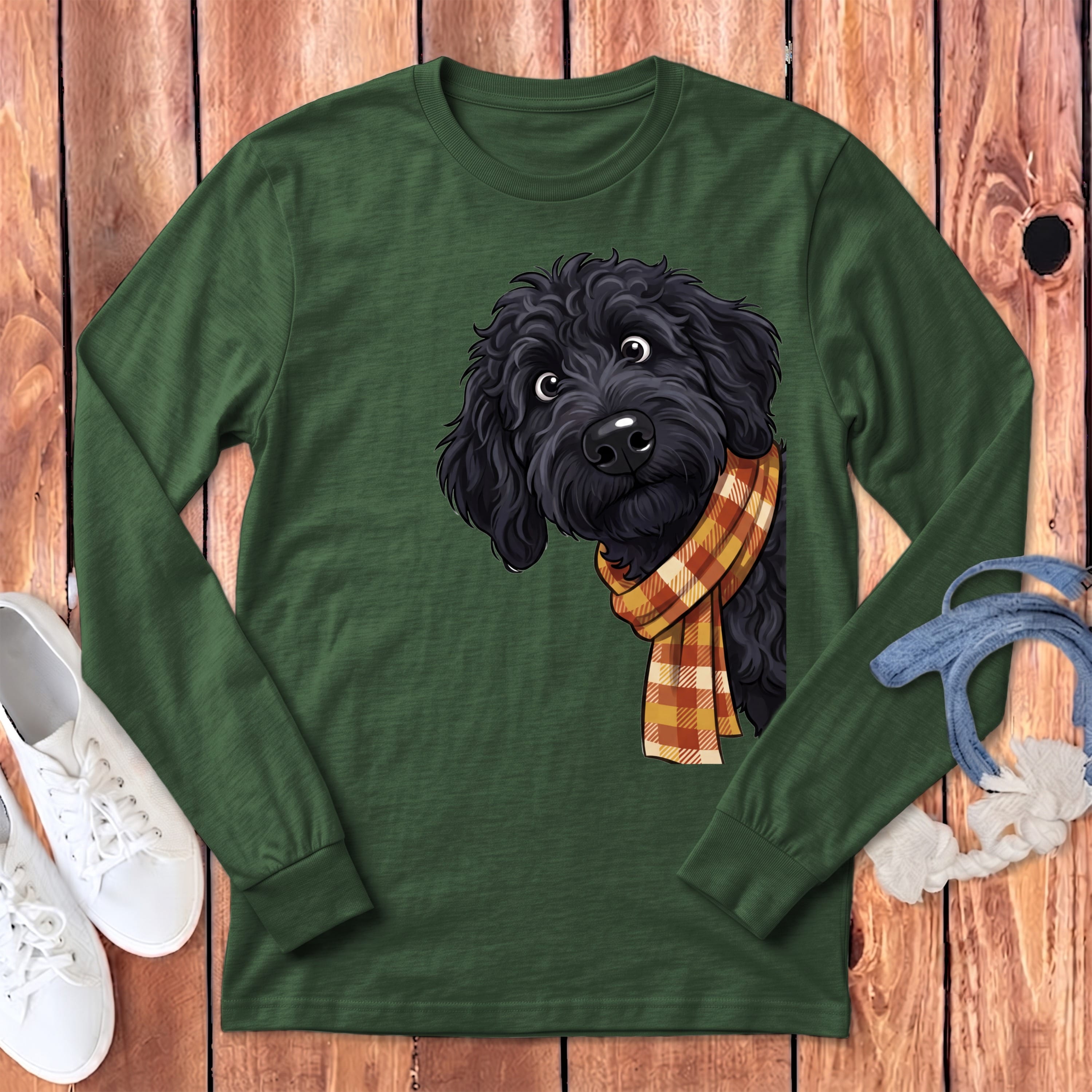 Fall Plaid Black Goldendoodle Long Sleeve T-Shirt in Heather Forest / S by Puppy Jo