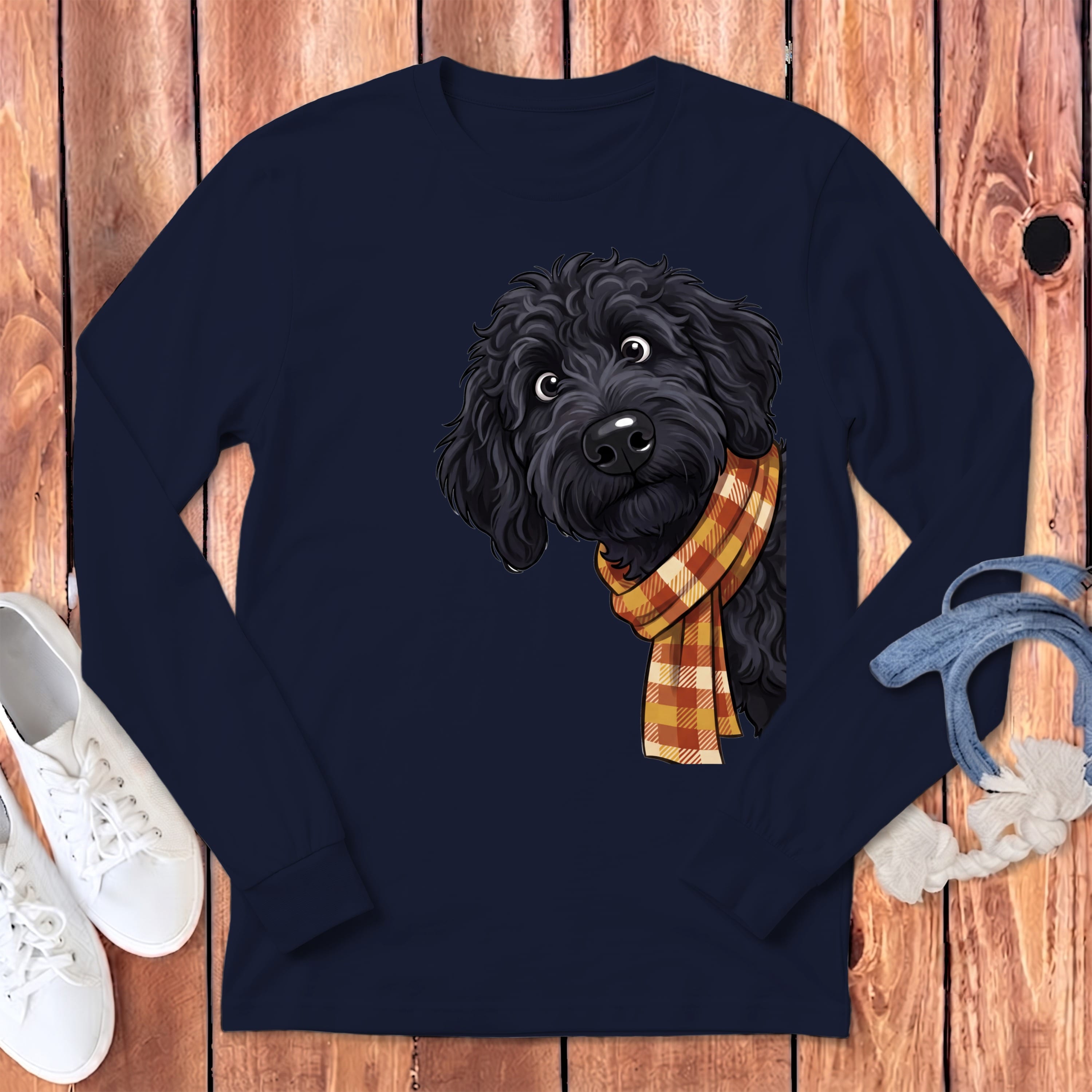 Fall Plaid Black Goldendoodle Long Sleeve T-Shirt in Navy / S by Puppy Jo