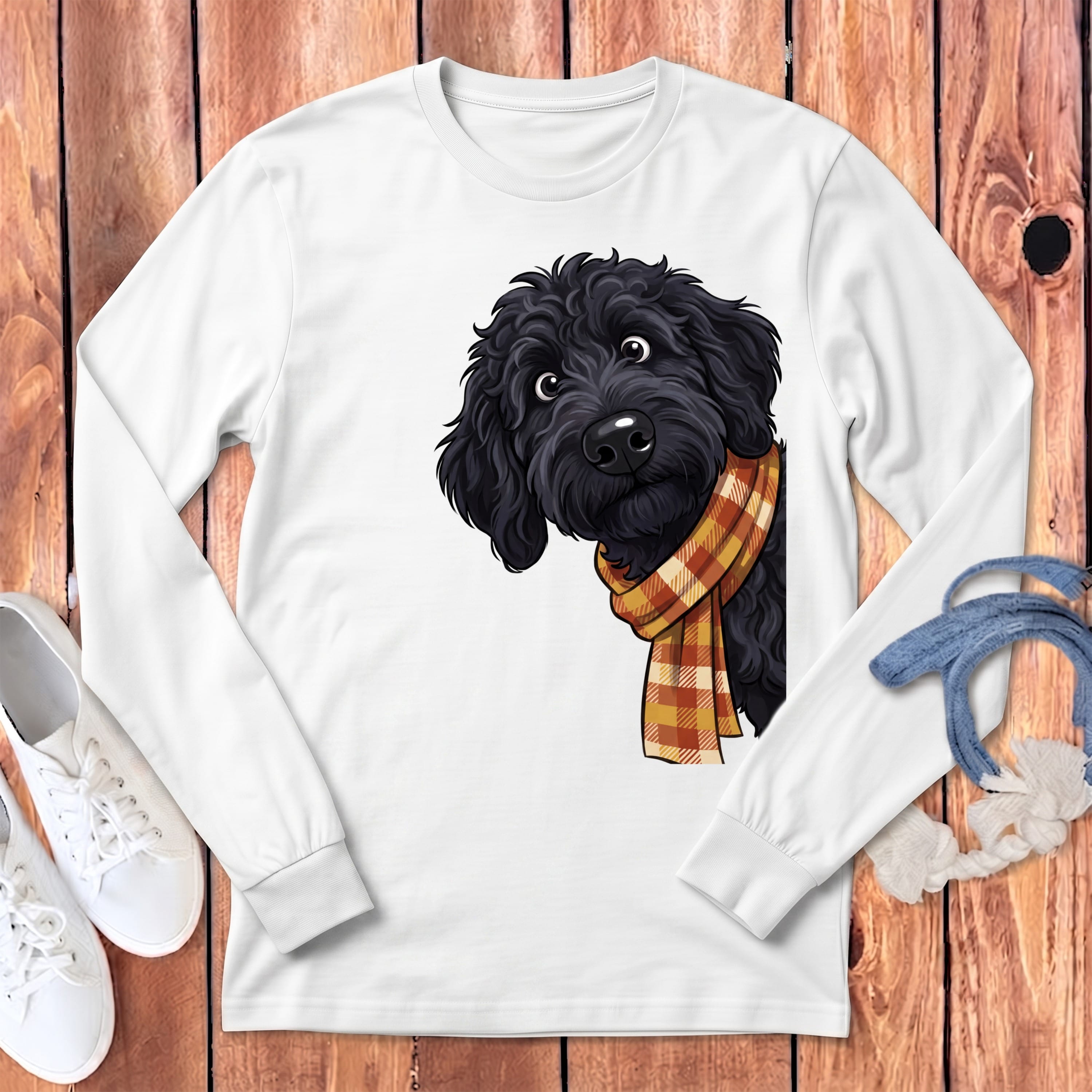 Fall Plaid Black Goldendoodle Long Sleeve T-Shirt in White / S by Puppy Jo
