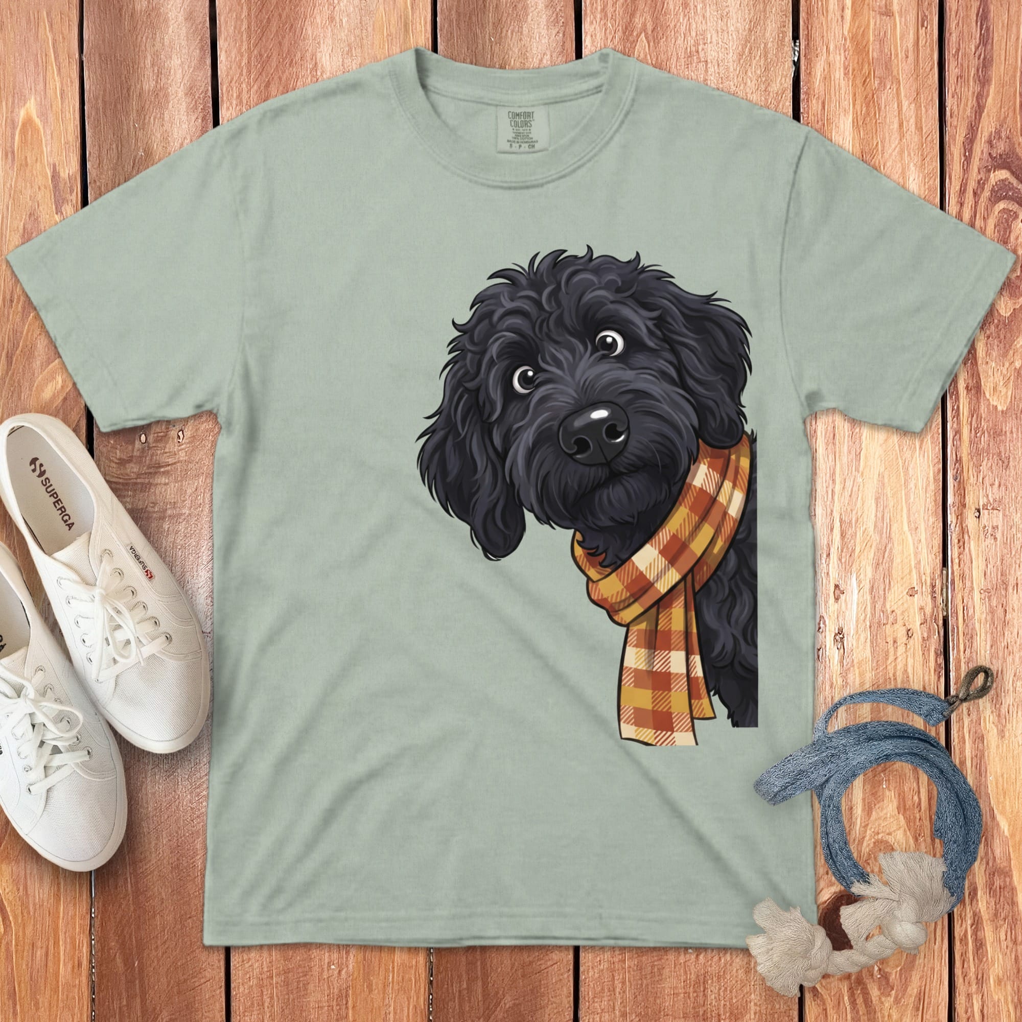 Fall Plaid Black Goldendoodle Signature T-Shirt in Bay / S / T-Shirts by Puppy Jo