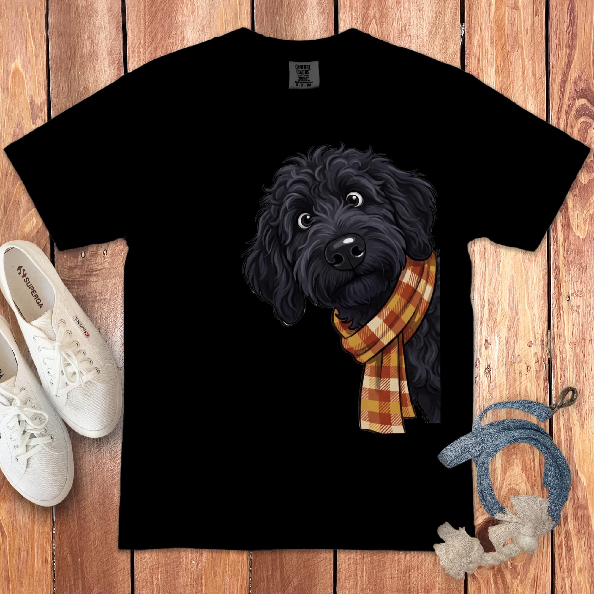 Fall Plaid Black Goldendoodle Signature T-Shirt in Black / S / T-Shirts by Puppy Jo
