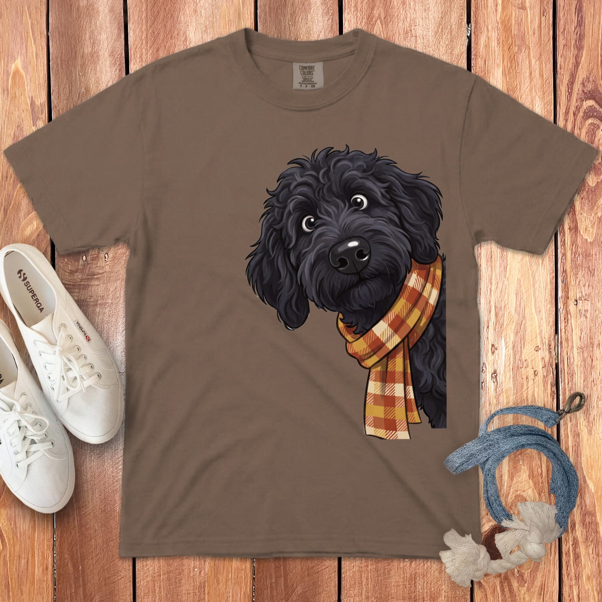 Fall Plaid Black Goldendoodle Signature T-Shirt in Espresso / S / T-Shirts by Puppy Jo