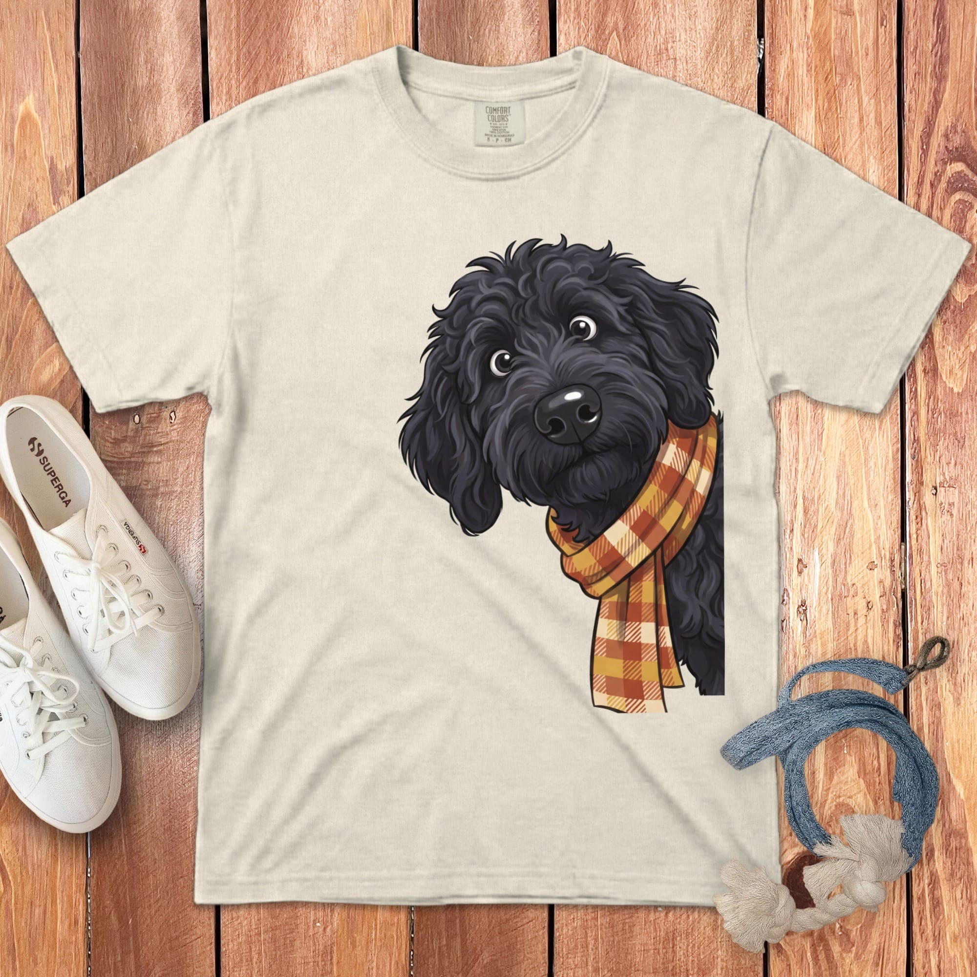 Fall Plaid Black Goldendoodle Signature T-Shirt in Ivory / S / T-Shirts by Puppy Jo