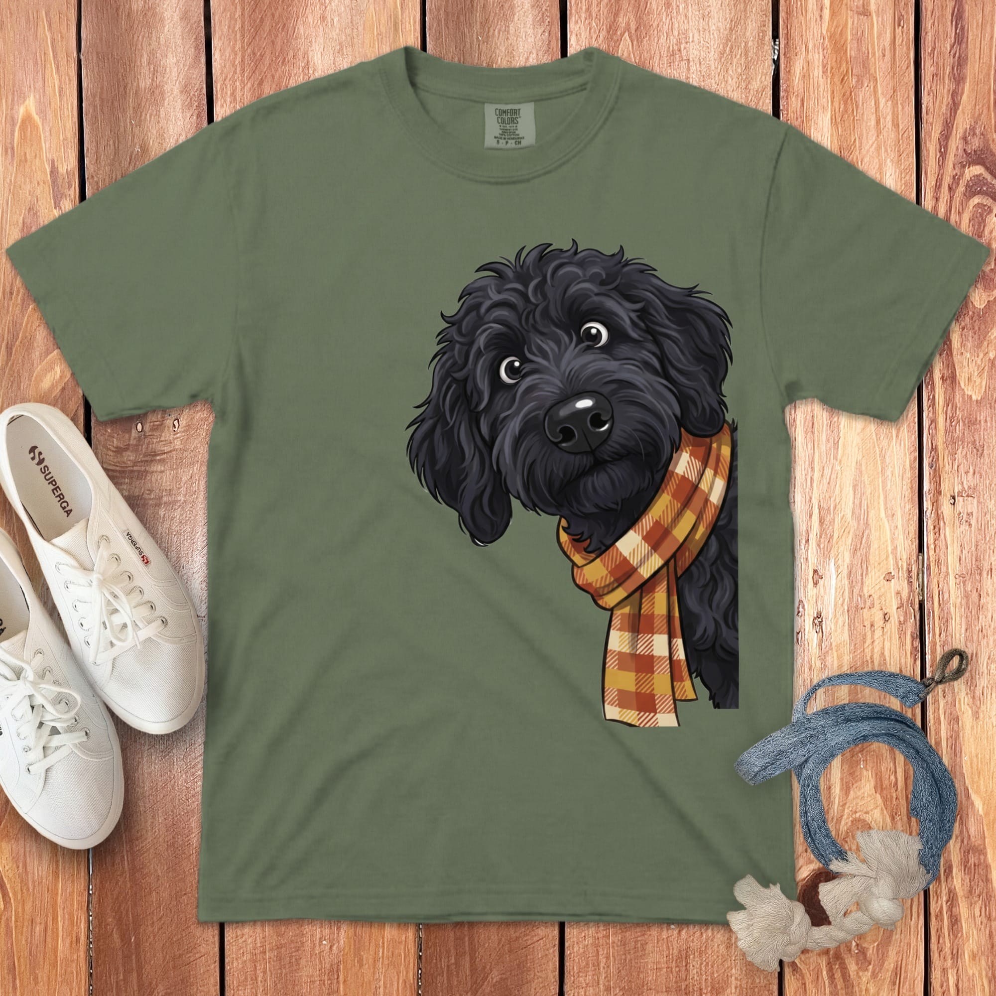Fall Plaid Black Goldendoodle Signature T-Shirt in Moss / S / T-Shirts by Puppy Jo