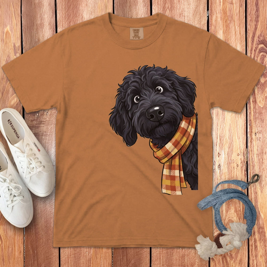 Fall Plaid Black Goldendoodle Signature T-Shirt in Yam / S / T-Shirts by Puppy Jo