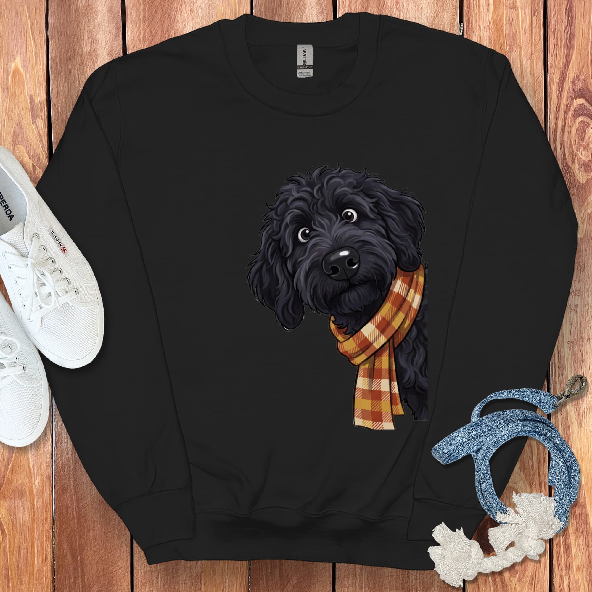 Fall Plaid Black Goldendoodle Sweatshirt in Black / S by Puppy Jo