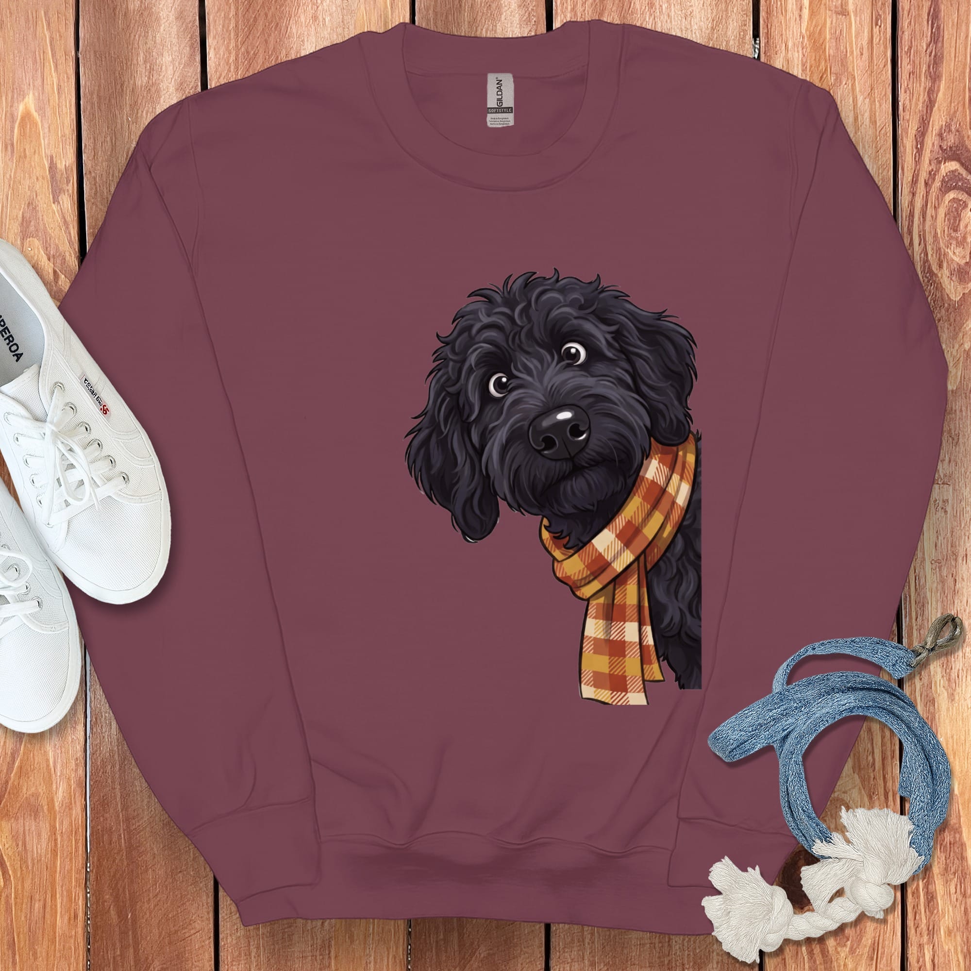 Fall Plaid Black Goldendoodle Sweatshirt in Maroon / S by Puppy Jo