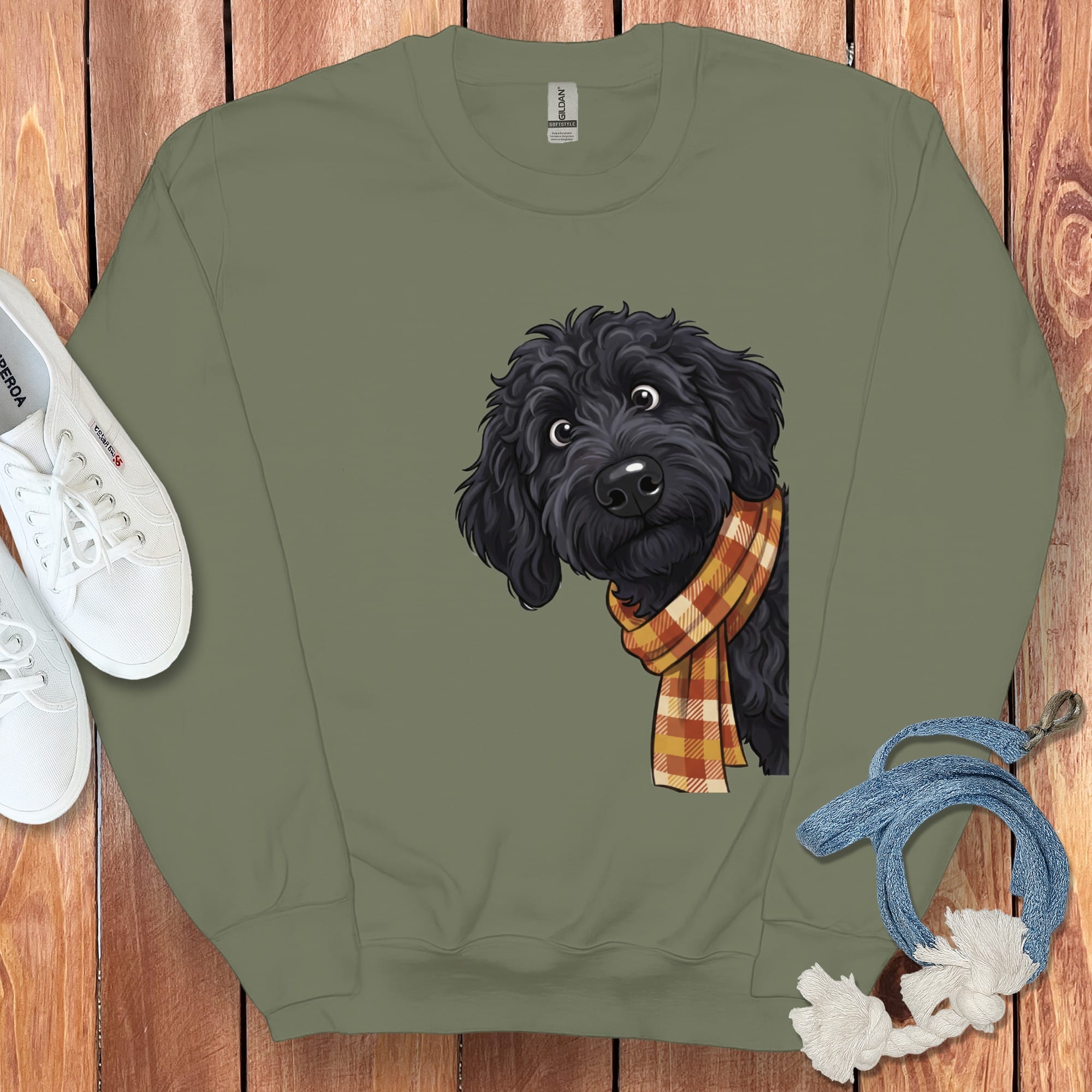 Fall Plaid Black Goldendoodle Sweatshirt in Military Green / S by Puppy Jo