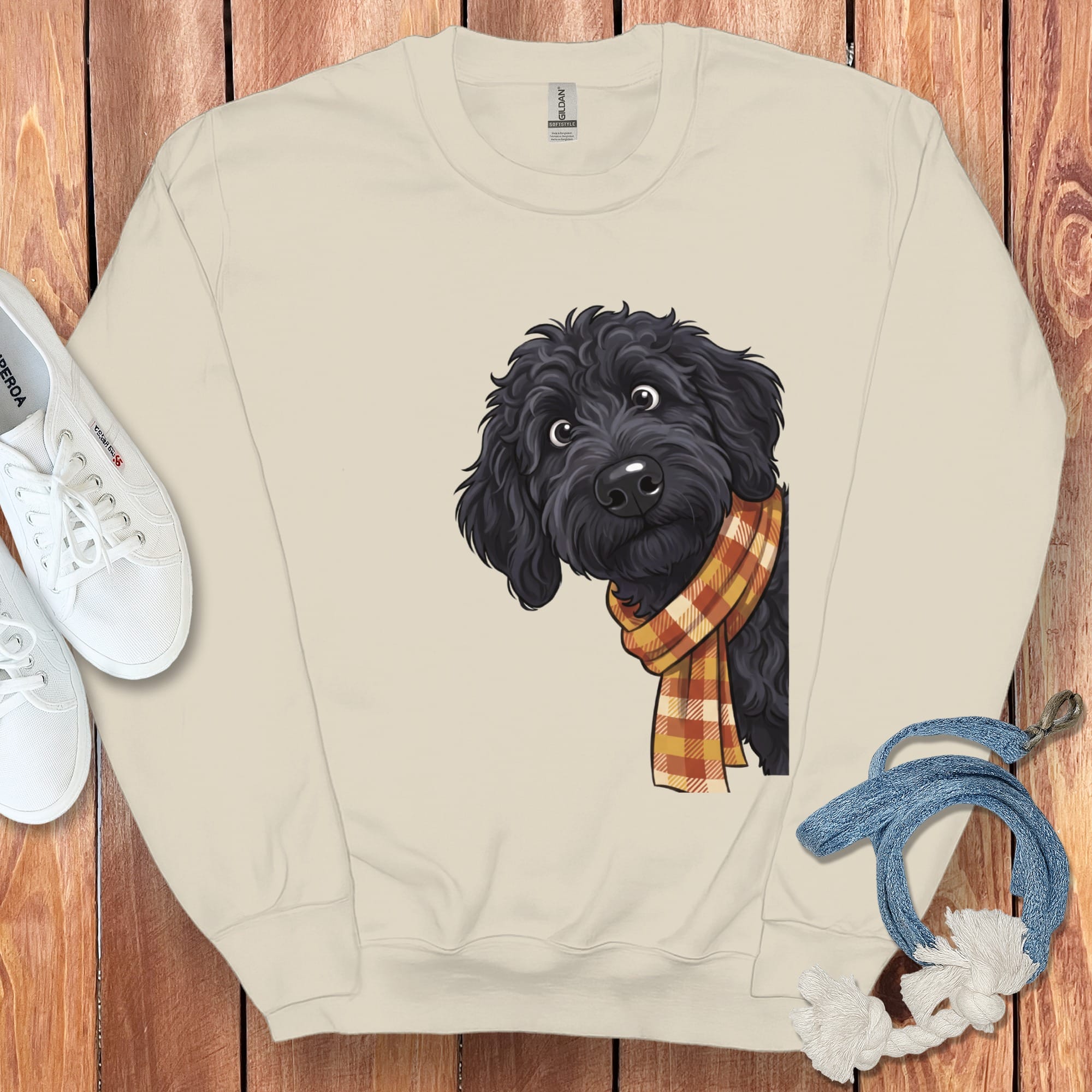 Fall Plaid Black Goldendoodle Sweatshirt in Sand / S by Puppy Jo